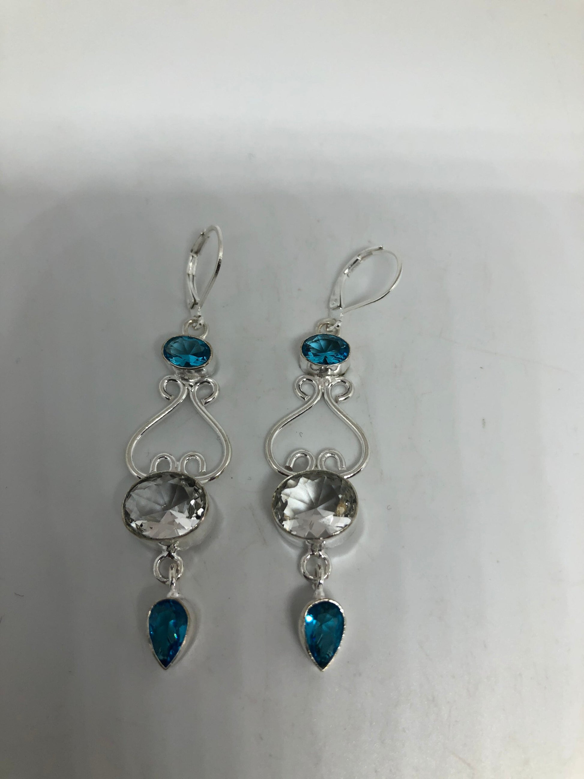 Vintage Silver Earrings | Blue and White Topaz Gemstone Antique Style Multistone Setting Silver Dangle Drop Chandelier Earrings