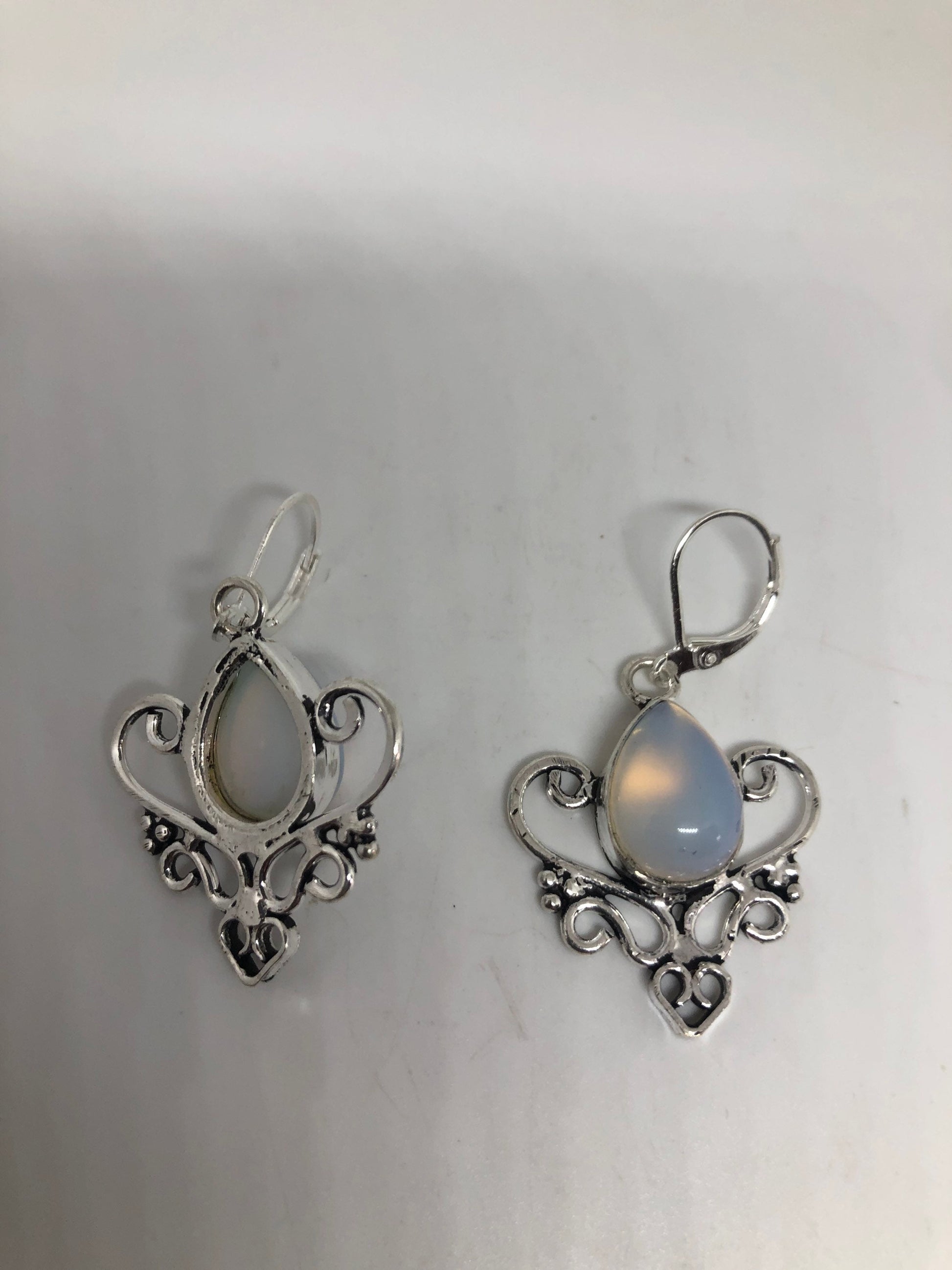 Vintage Silver Earrings | White Fire Opal Glass Crystal Antique Style Setting Dangle Drop Earrings