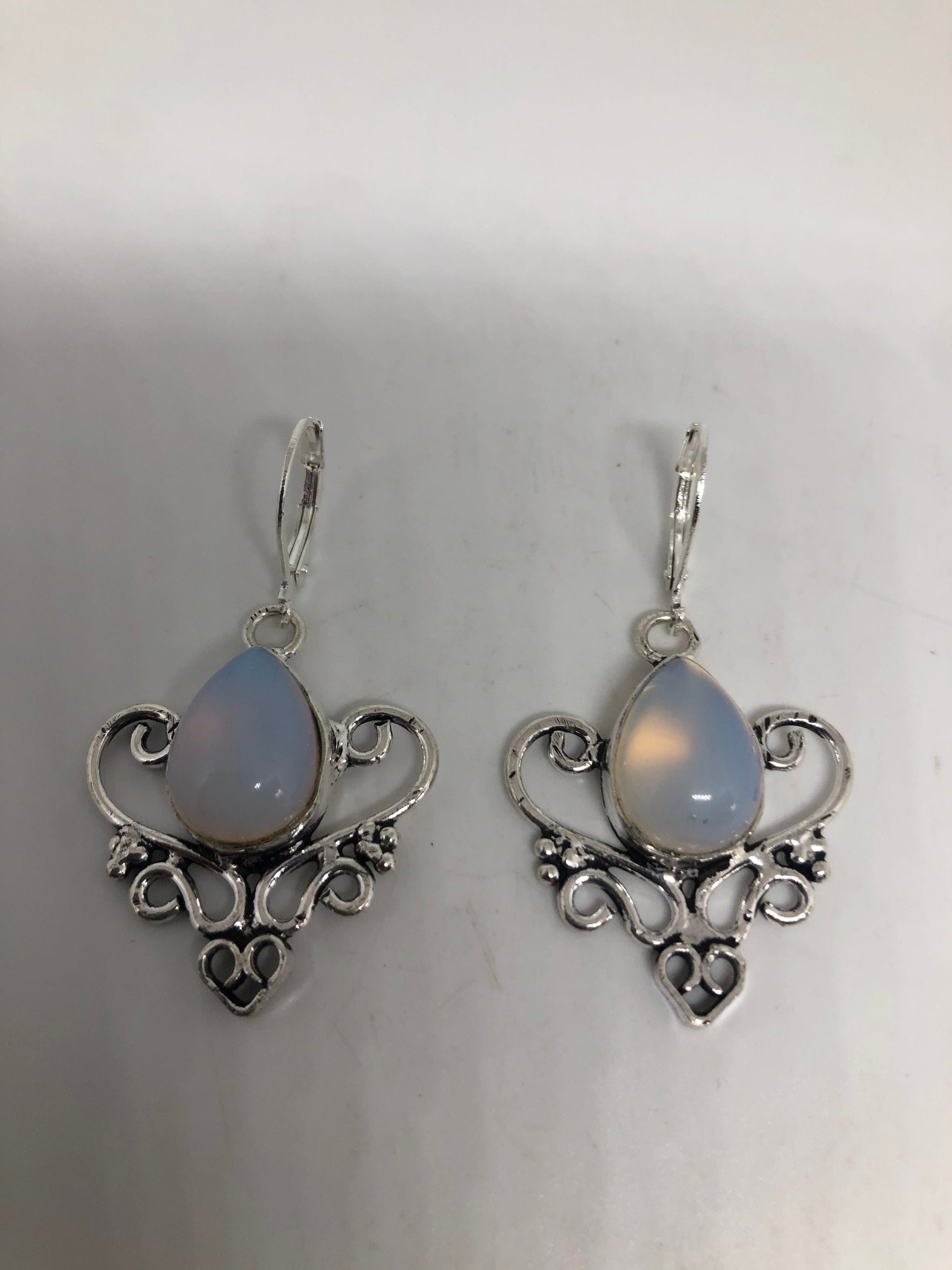 Vintage Silver Earrings | White Fire Opal Glass Crystal Antique Style Setting Dangle Drop Earrings