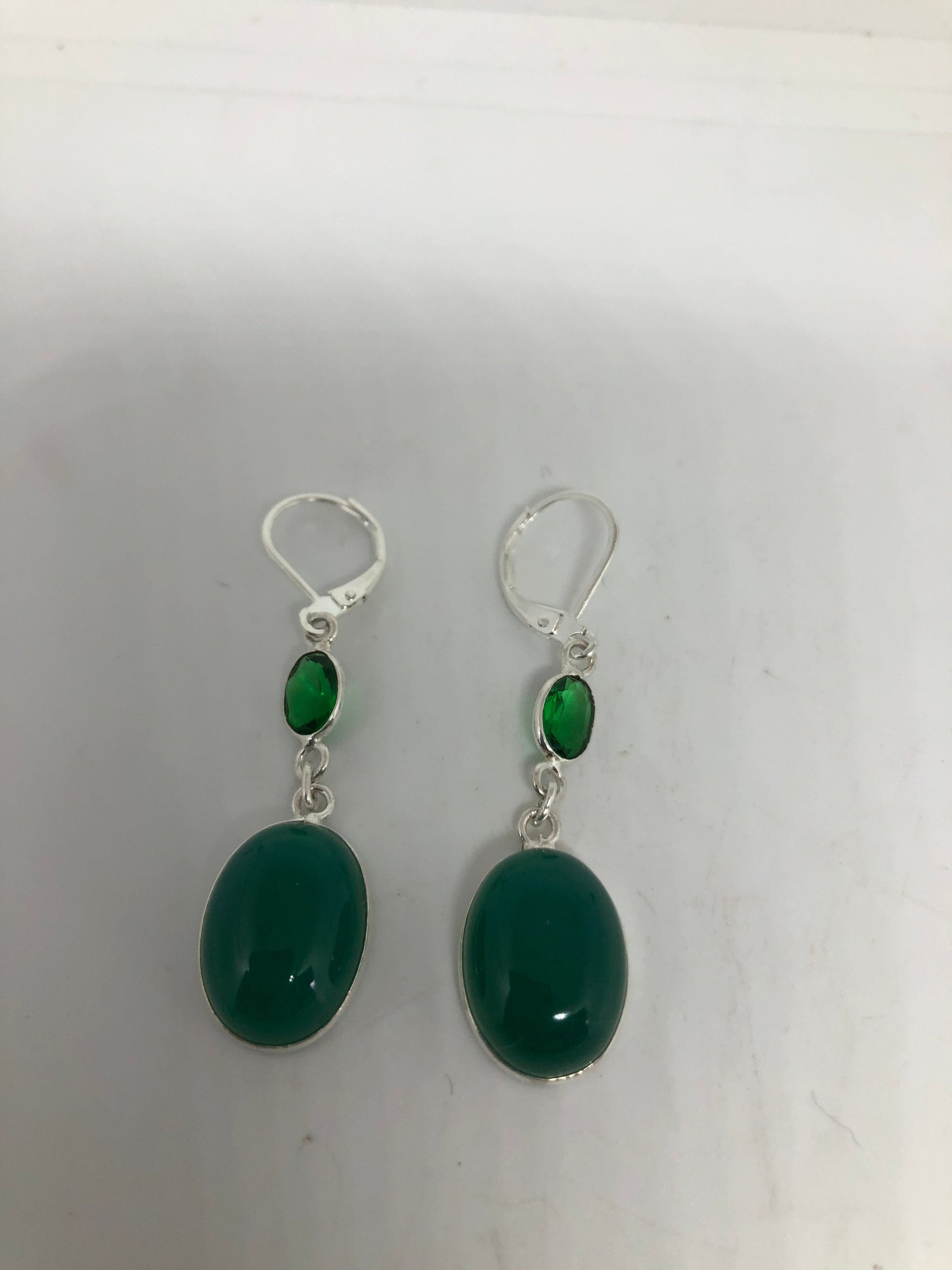 Antique Vintage Green Chrysoprase Silver Dangle Earrings