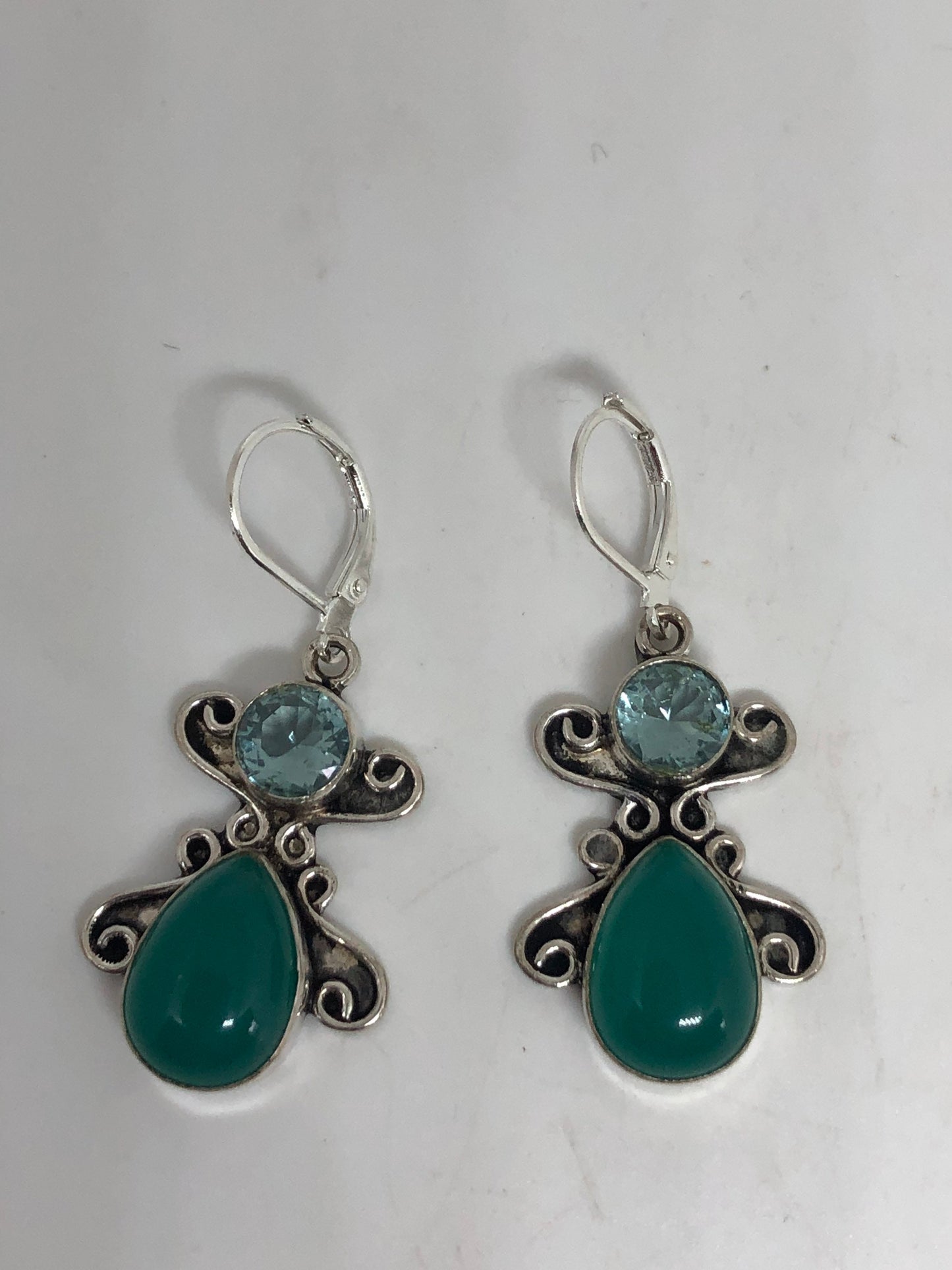 Vintage Silver Earrings | Green Chrysoprase Blue Topaz Gemstone Antique Style Setting Dangle Drop Earrings