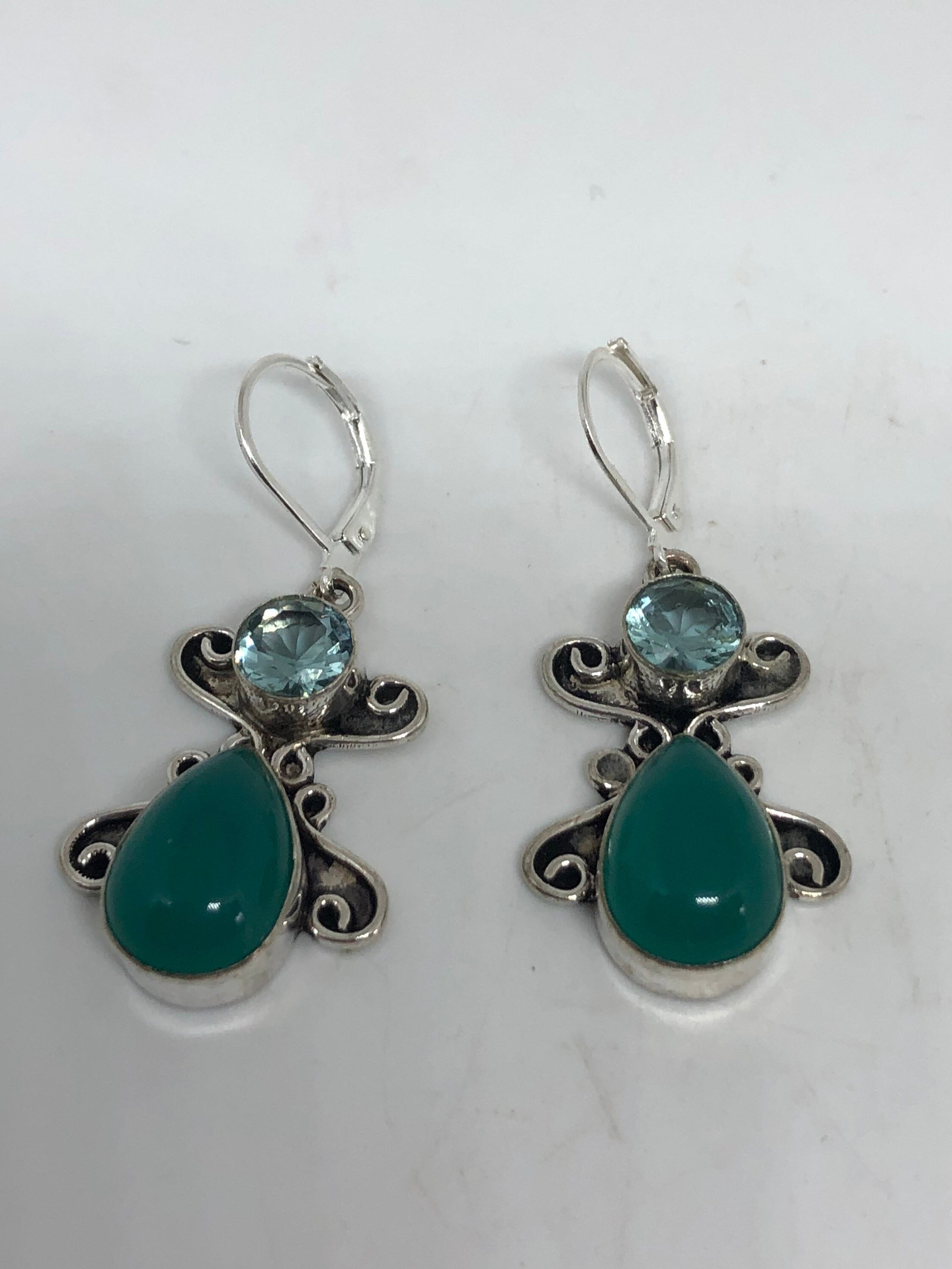 Vintage Silver Earrings | Green Chrysoprase Blue Topaz Gemstone Antique Style Setting Dangle Drop Earrings