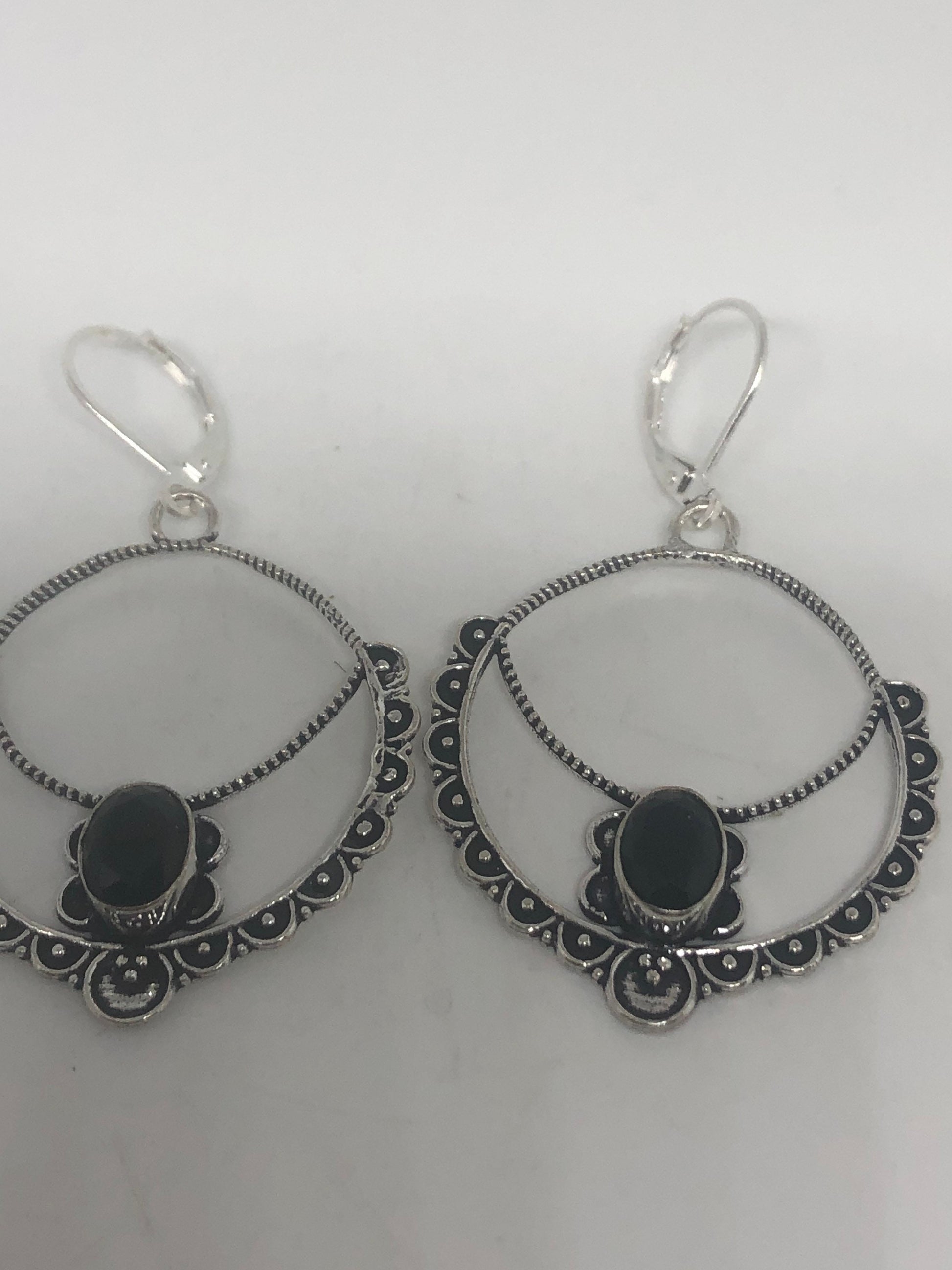 Vintage Silver Earrings | Black Onyx Gemstone | 925 Sterling Silver Antique Style Setting Deco Dangle Chandelier Earrings