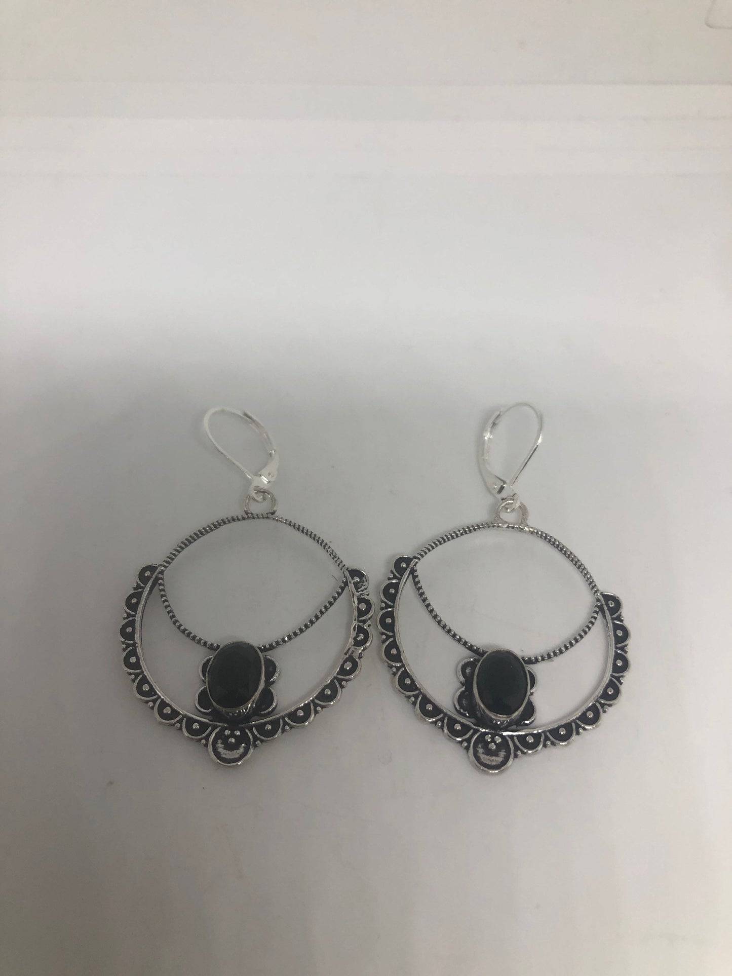 Vintage Silver Earrings | Black Onyx Gemstone | 925 Sterling Silver Antique Style Setting Deco Dangle Chandelier Earrings