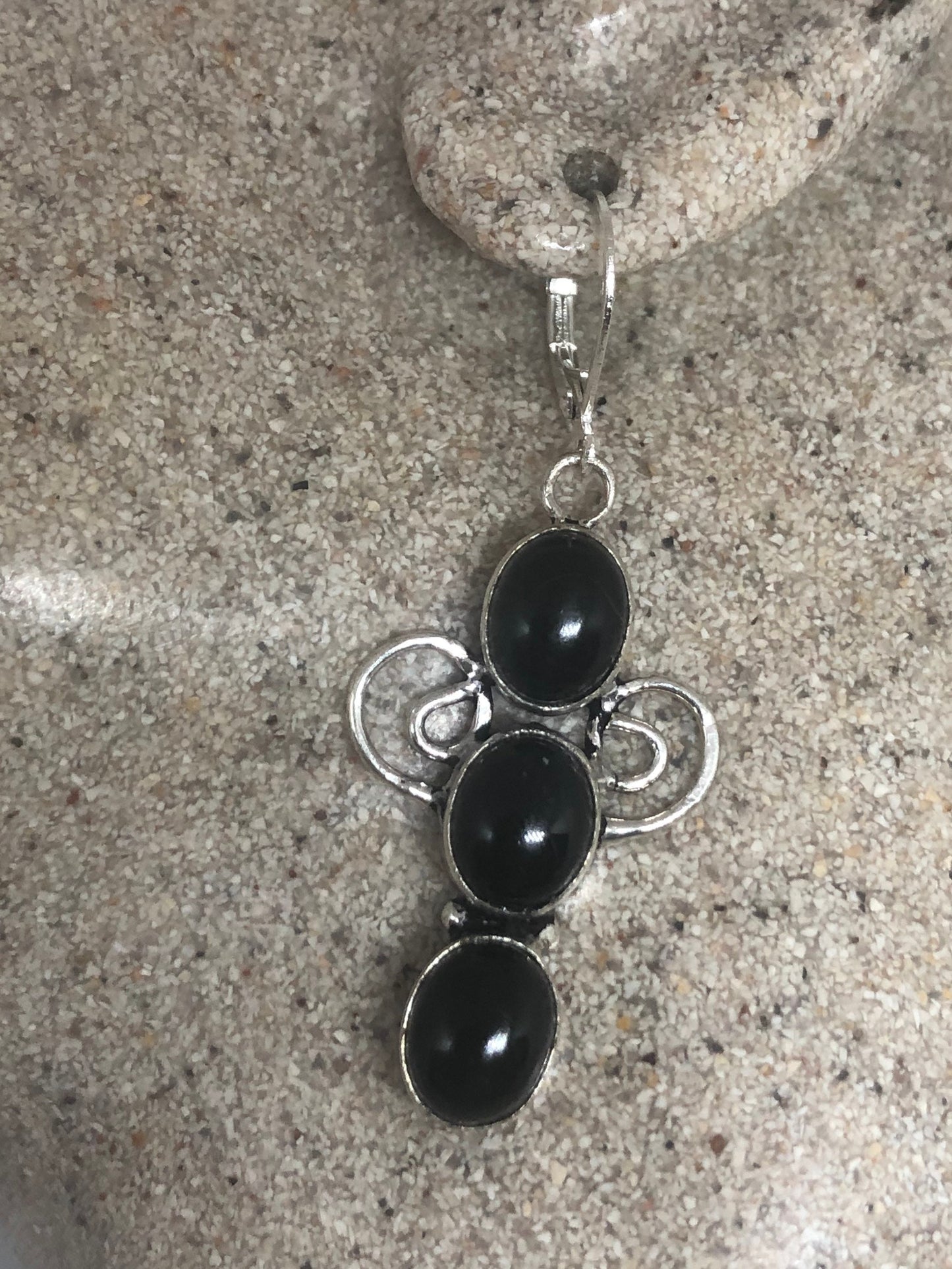 Vintage Silver Earrings | Black Onyx Gemstone | 925 Sterling Silver Antique Style Setting Deco Dangle Multistone Chandelier Earrings