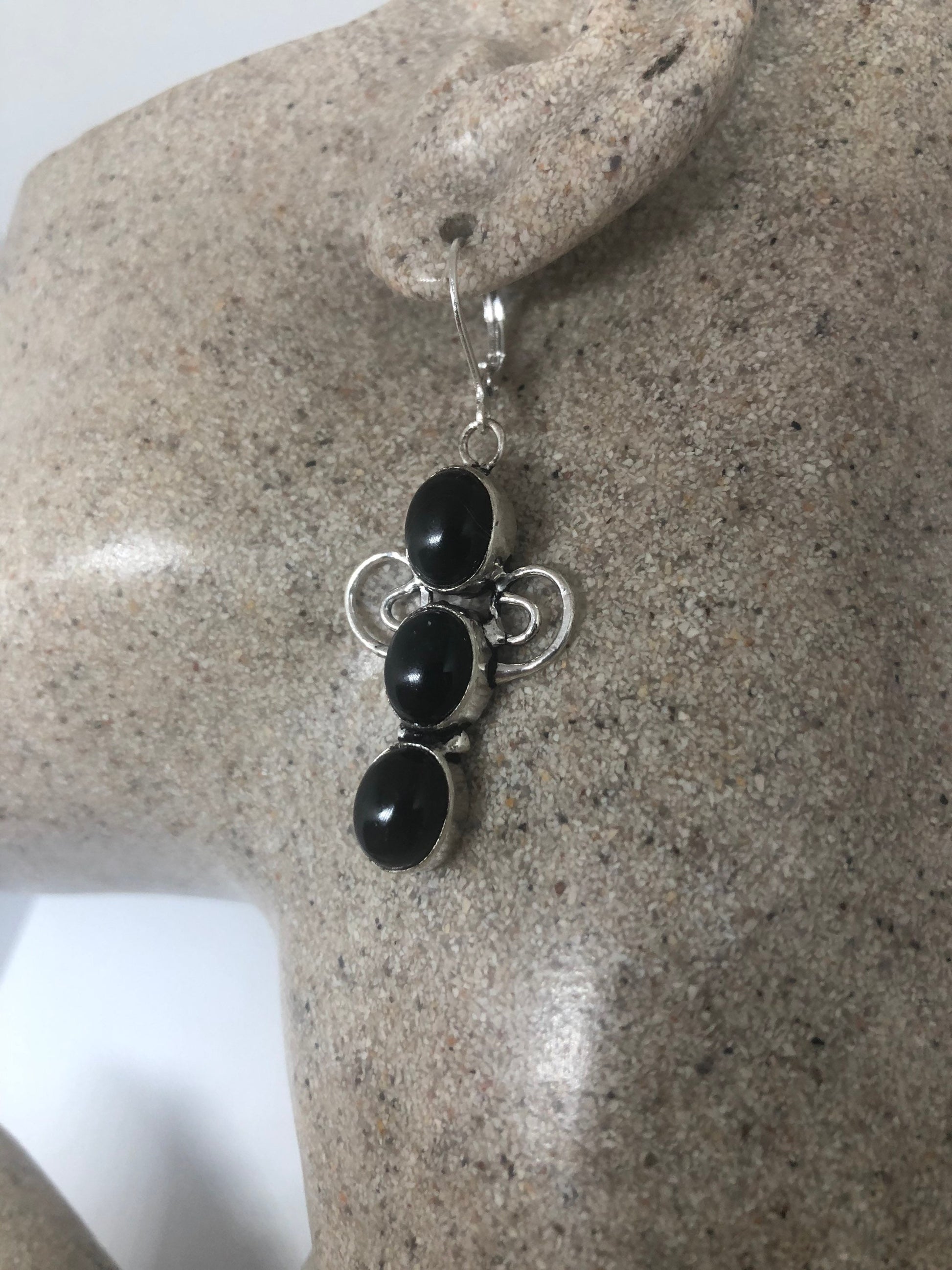 Vintage Silver Earrings | Black Onyx Gemstone | 925 Sterling Silver Antique Style Setting Deco Dangle Multistone Chandelier Earrings