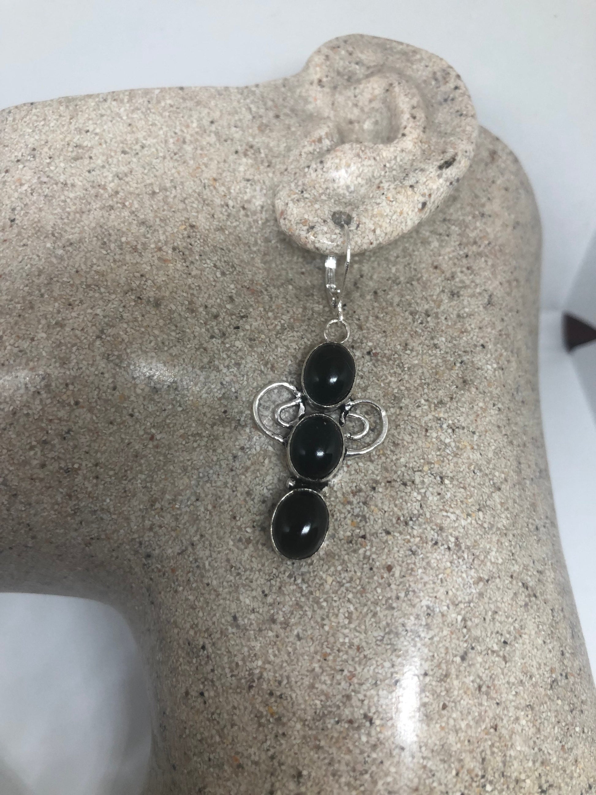 Vintage Silver Earrings | Black Onyx Gemstone | 925 Sterling Silver Antique Style Setting Deco Dangle Multistone Chandelier Earrings