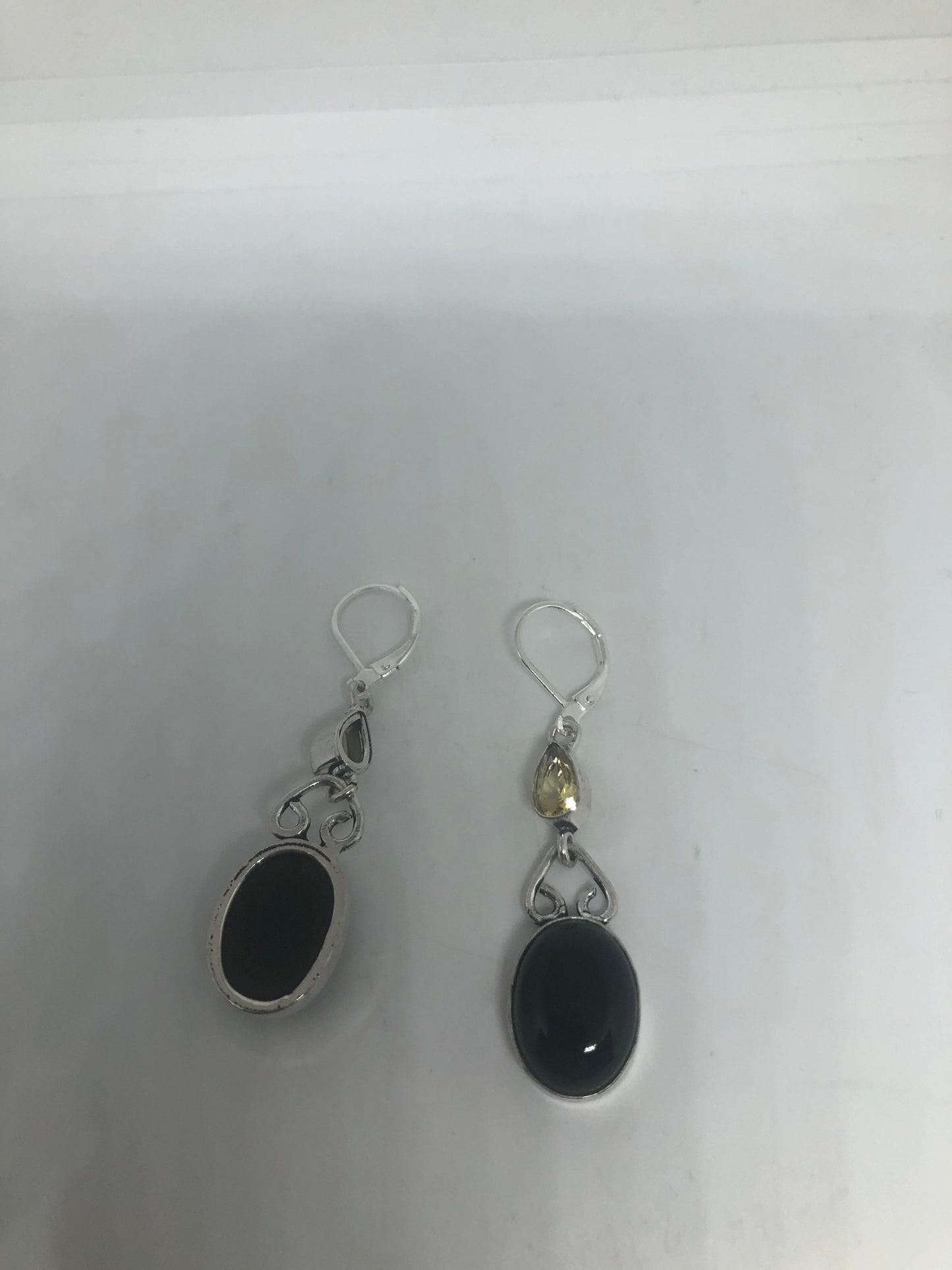 Vintage Silver Earrings | Black Onyx Gemstone | 925 Sterling Silver Antique Style Setting Deco Dangle Chandelier Earrings