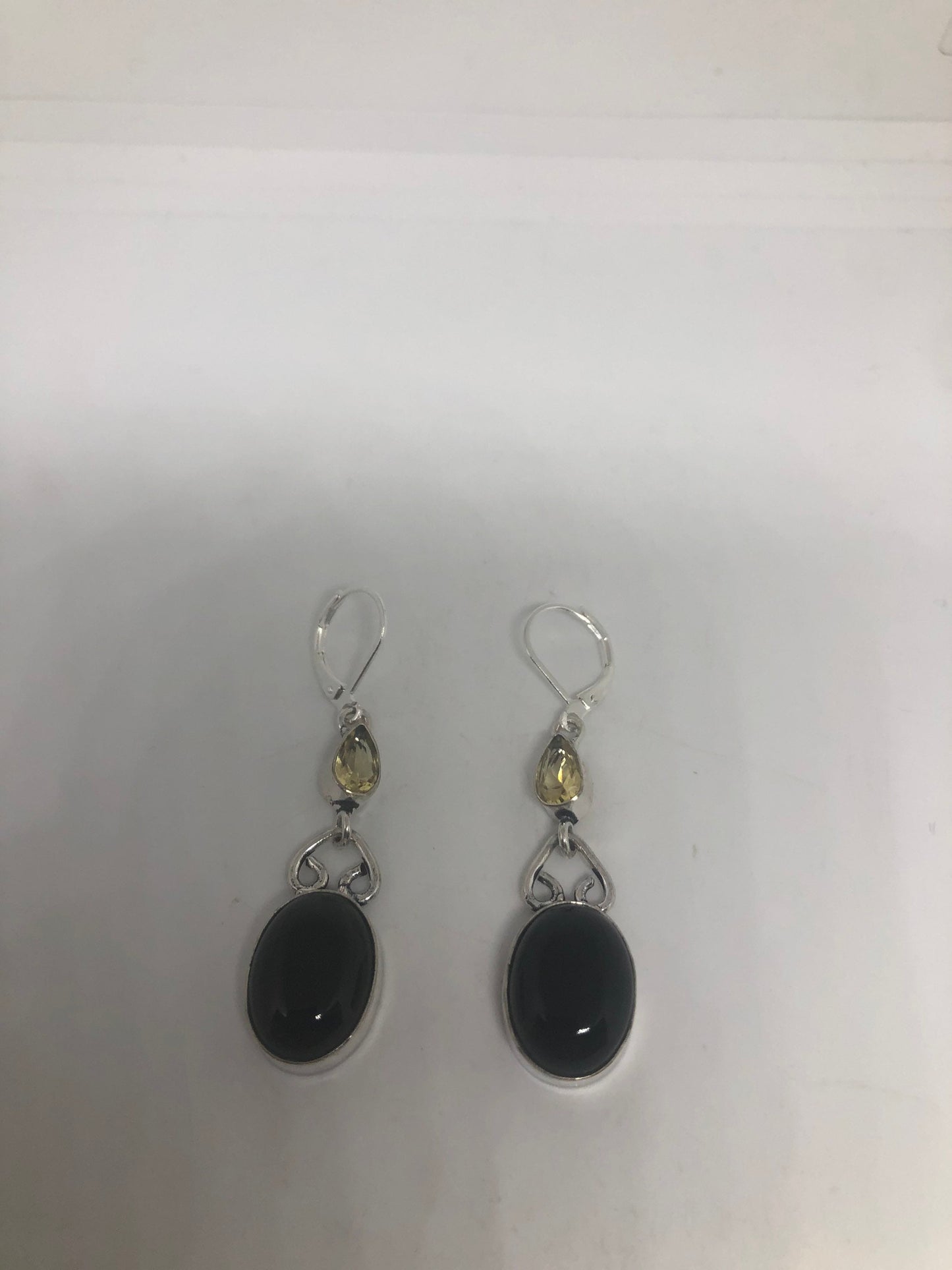 Vintage Silver Earrings | Black Onyx Gemstone | 925 Sterling Silver Antique Style Setting Deco Dangle Chandelier Earrings