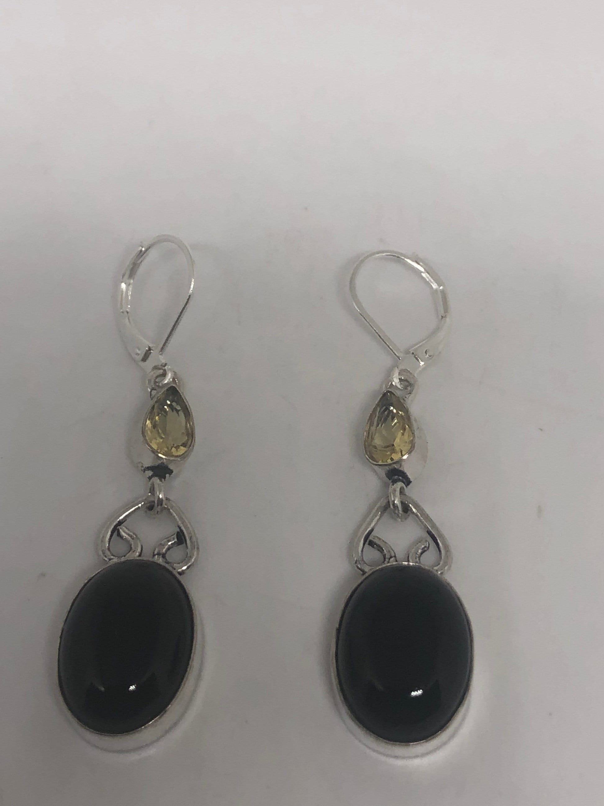 Vintage Silver Earrings | Black Onyx Gemstone | 925 Sterling Silver Antique Style Setting Deco Dangle Chandelier Earrings