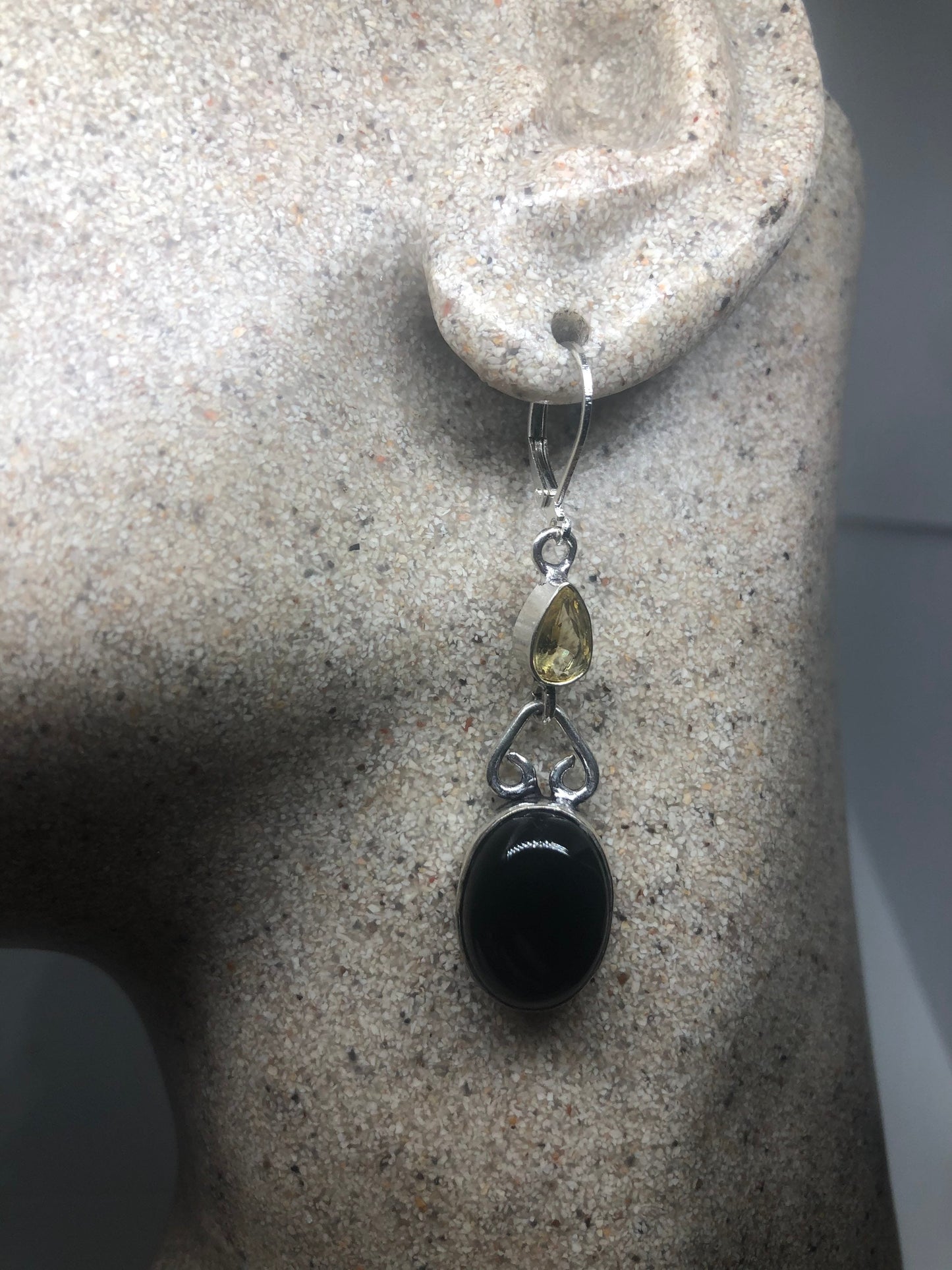 Vintage Silver Earrings | Black Onyx Gemstone | 925 Sterling Silver Antique Style Setting Deco Dangle Chandelier Earrings