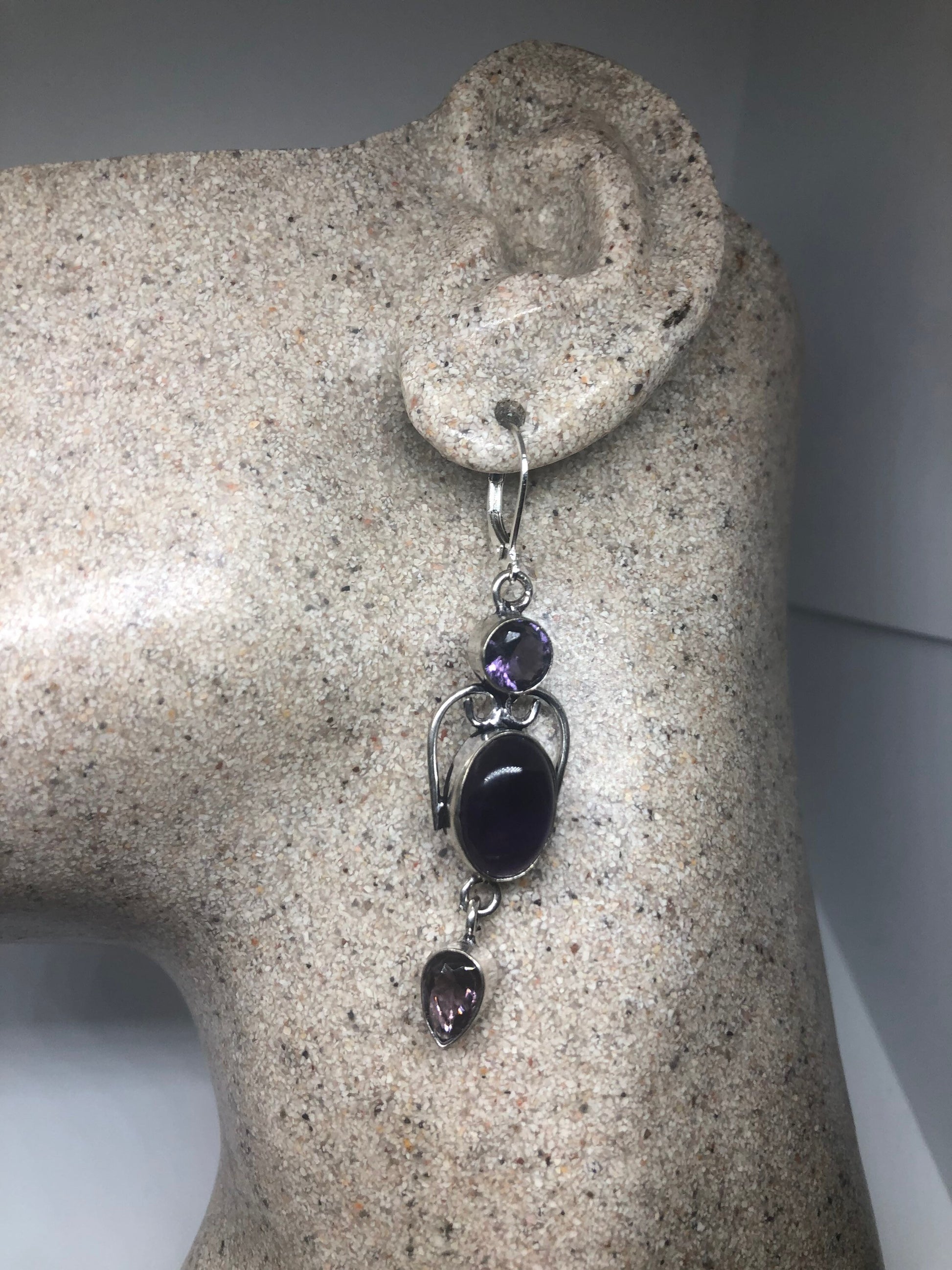 Vintage Silver Earrings | Purple Amethyst Gemstone Antique Style Setting 925 Sterling Silver Leverback Dangle Drop Earrings