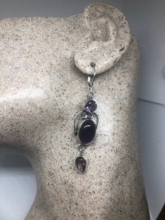 Vintage Silver Earrings | Purple Amethyst Gemstone Antique Style Setting 925 Sterling Silver Leverback Dangle Drop Earrings