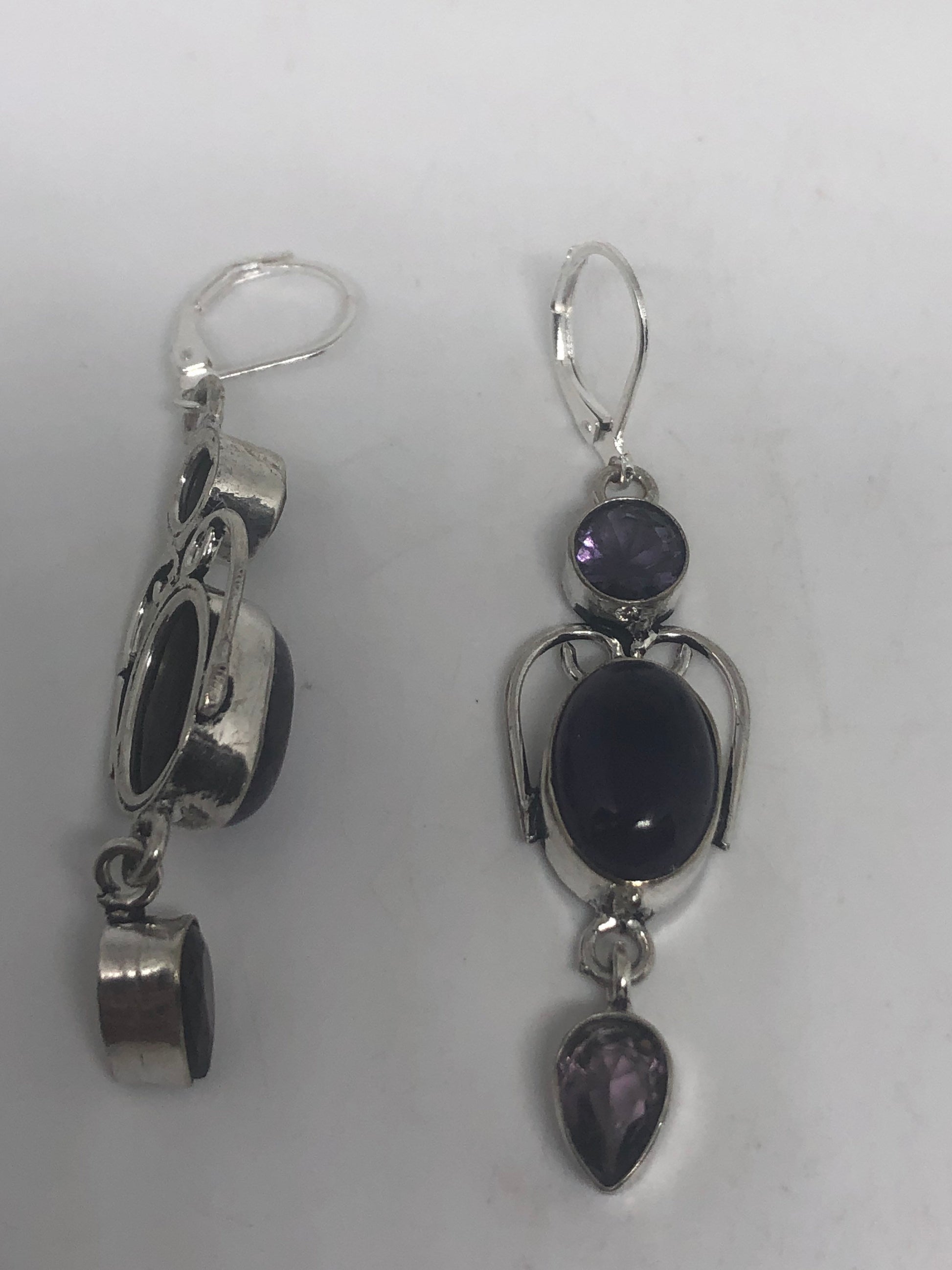 Vintage Silver Earrings | Purple Amethyst Gemstone Antique Style Setting 925 Sterling Silver Leverback Dangle Drop Earrings