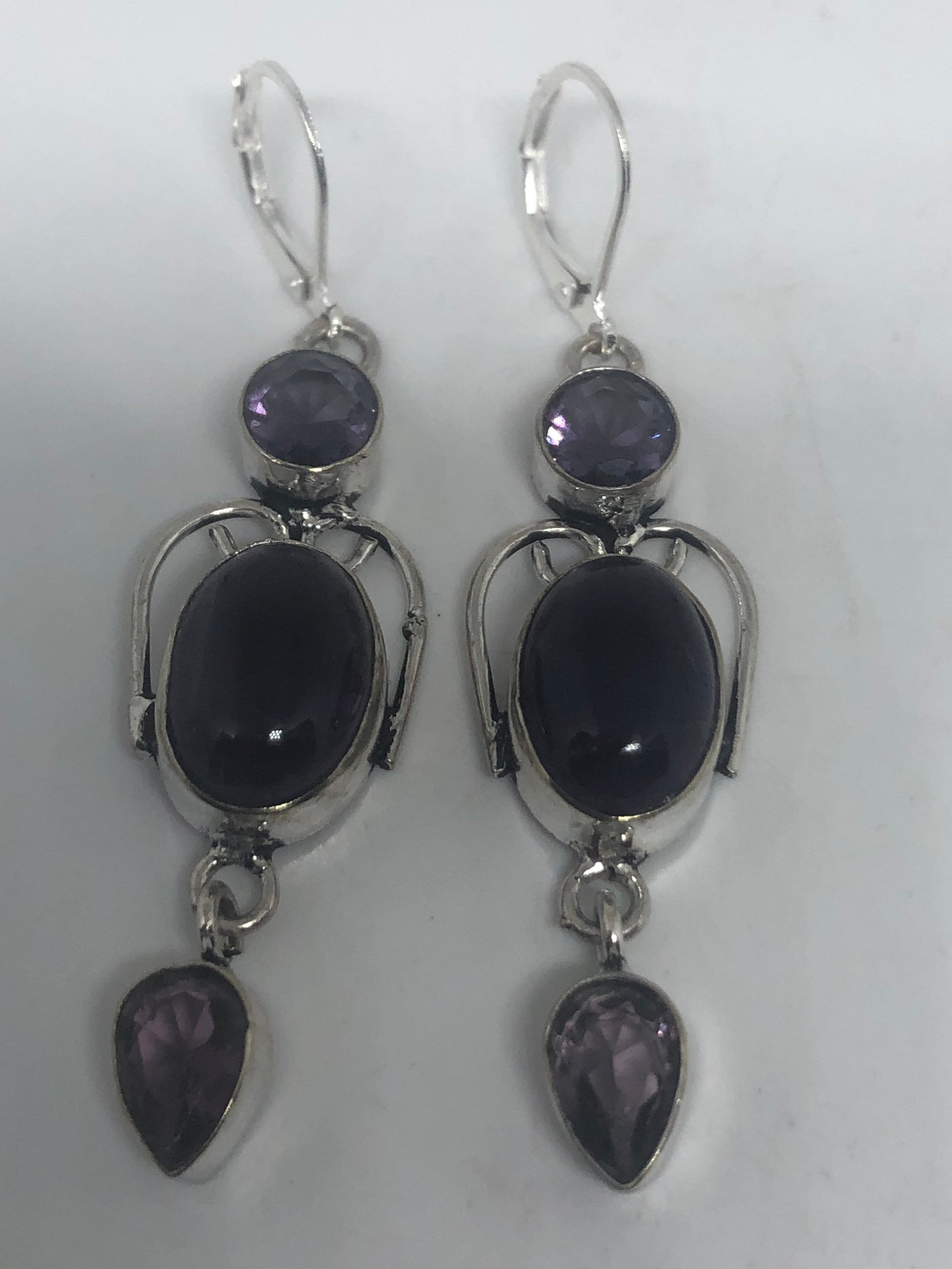 Vintage Silver Earrings | Purple Amethyst Gemstone Antique Style Setting 925 Sterling Silver Leverback Dangle Drop Earrings