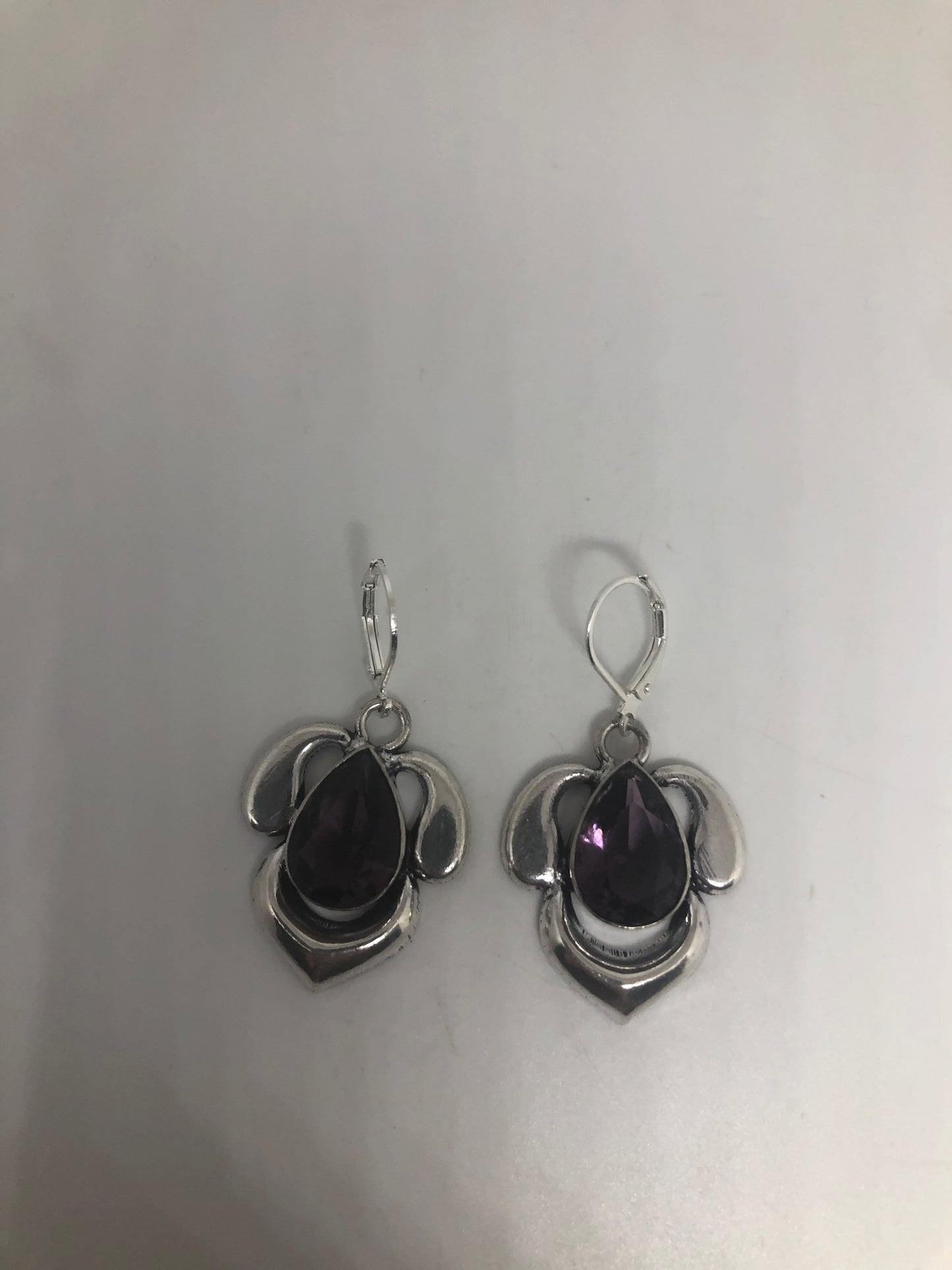 Vintage Silver Earrings | Purple Amethyst Gemstone Antique Style Setting 925 Sterling Silver Dangle Drop Earrings