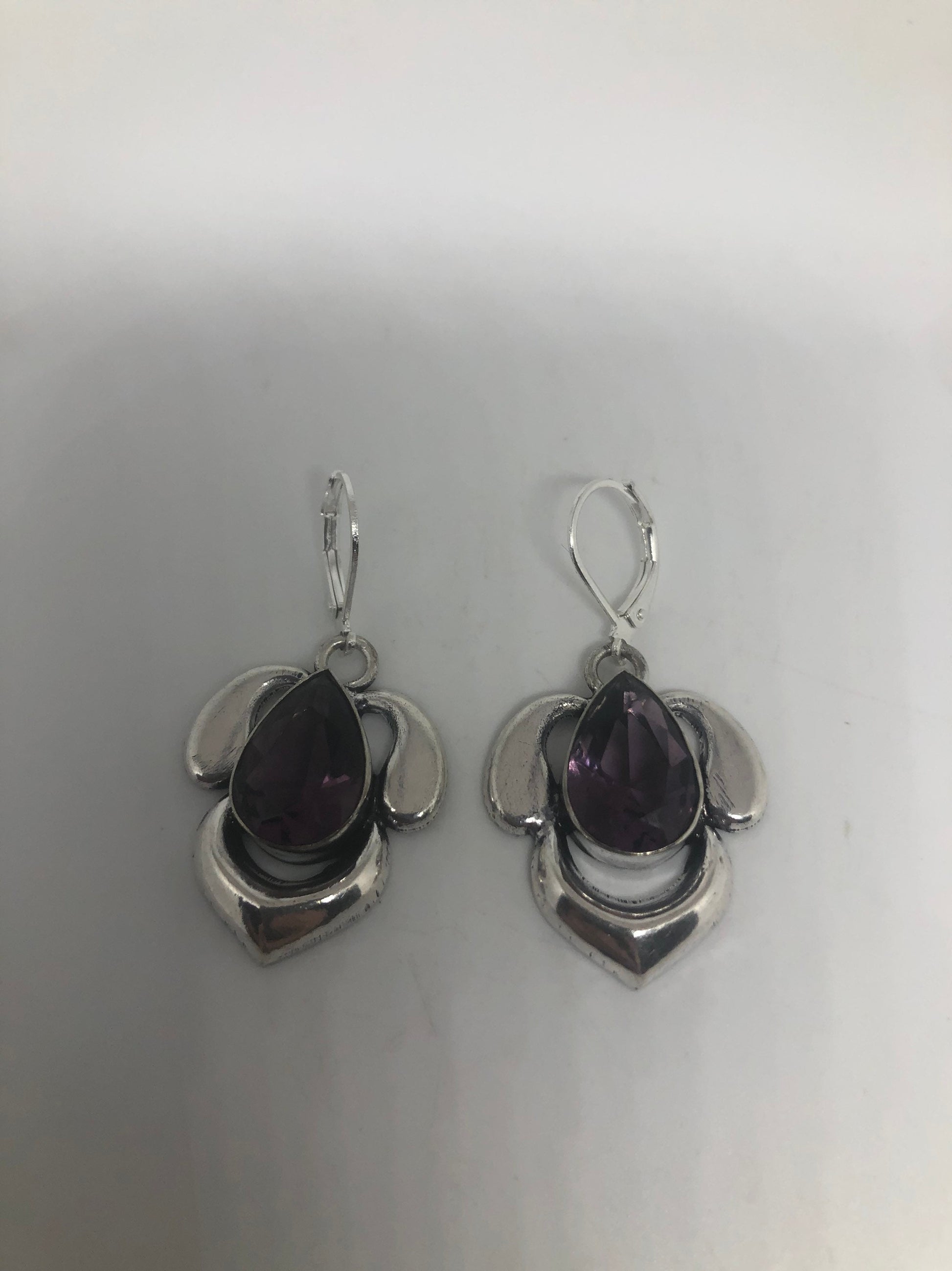 Vintage Silver Earrings | Purple Amethyst Gemstone Antique Style Setting 925 Sterling Silver Dangle Drop Earrings