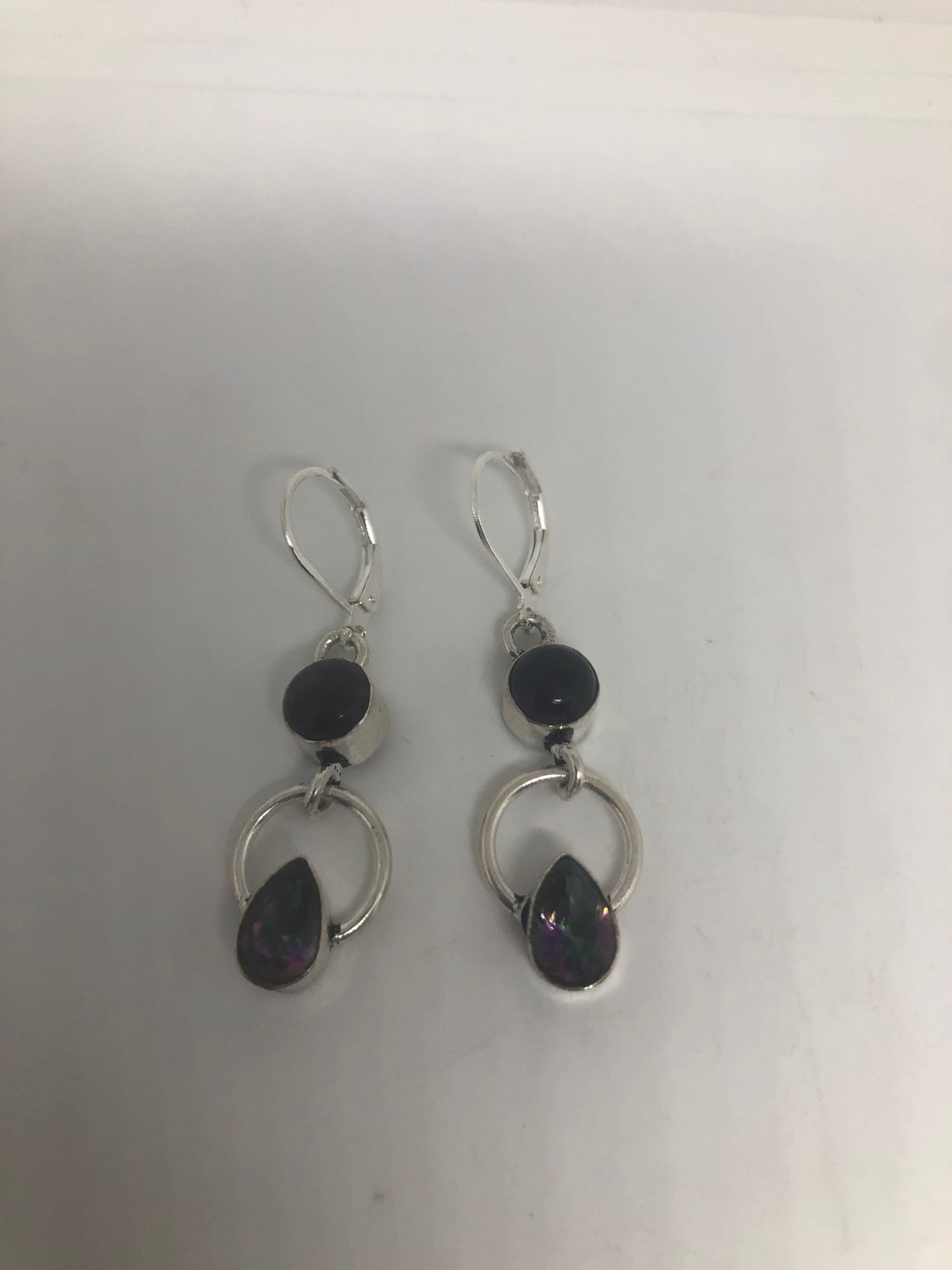 Vintage Silver Earrings | Purple Amethyst Mystic Topaz Gemstone Antique Style Setting 925 Sterling Silver Leverback Dangle Drop Earrings