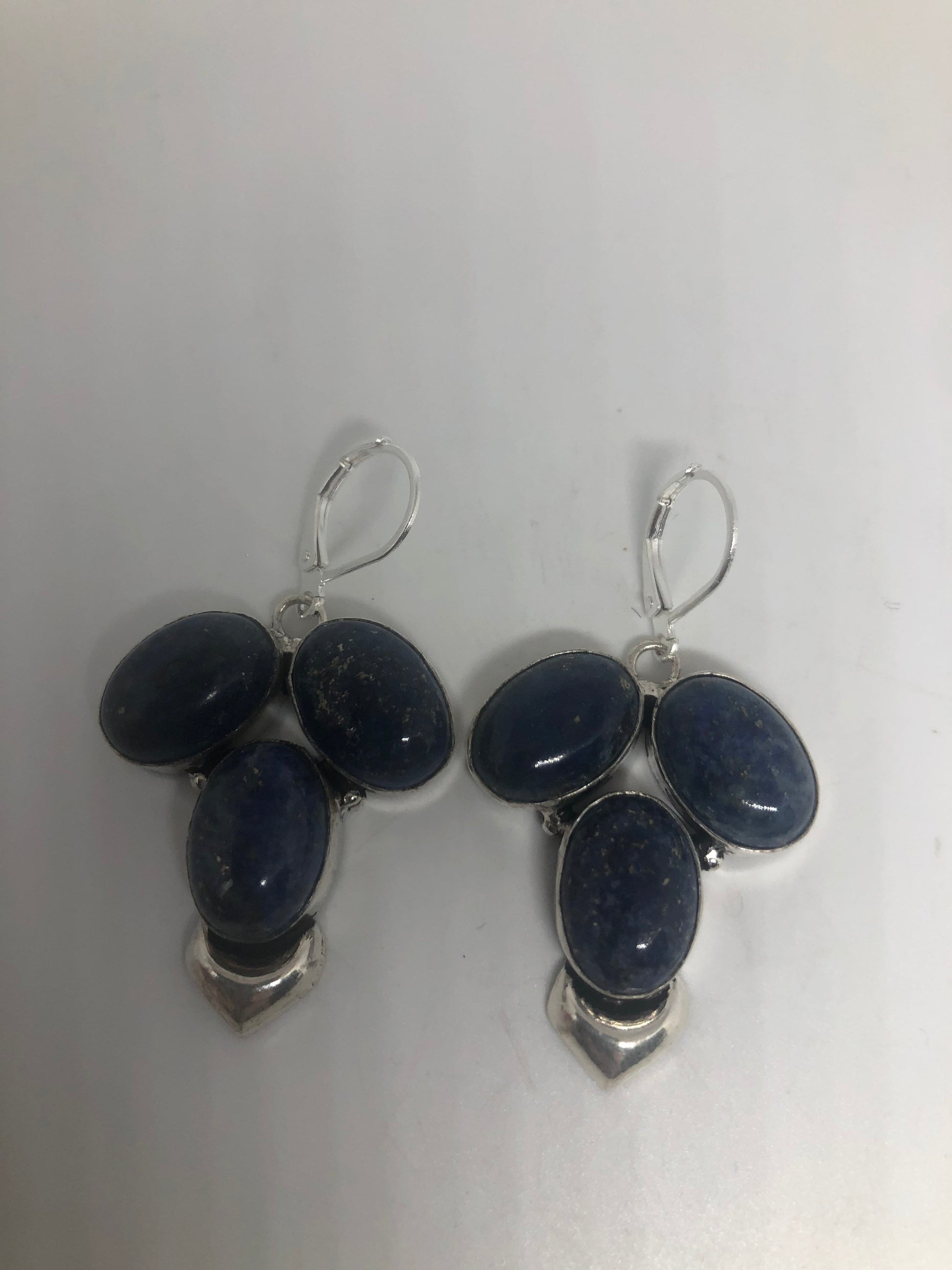 Vintage Silver Earrings | Blue Lapis Lazuli Gemstone Antique Style Silver Setting Dangle Drop Leverback Earrings