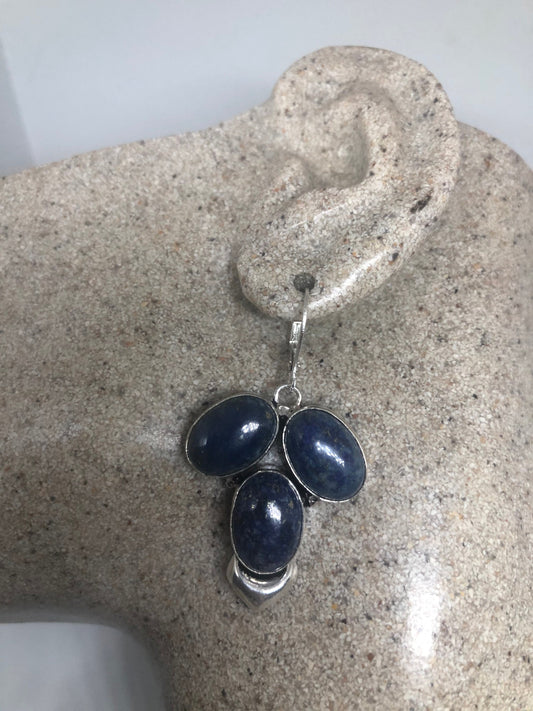 Vintage Silver Earrings | Blue Lapis Lazuli Gemstone Antique Style Silver Setting Dangle Drop Leverback Earrings