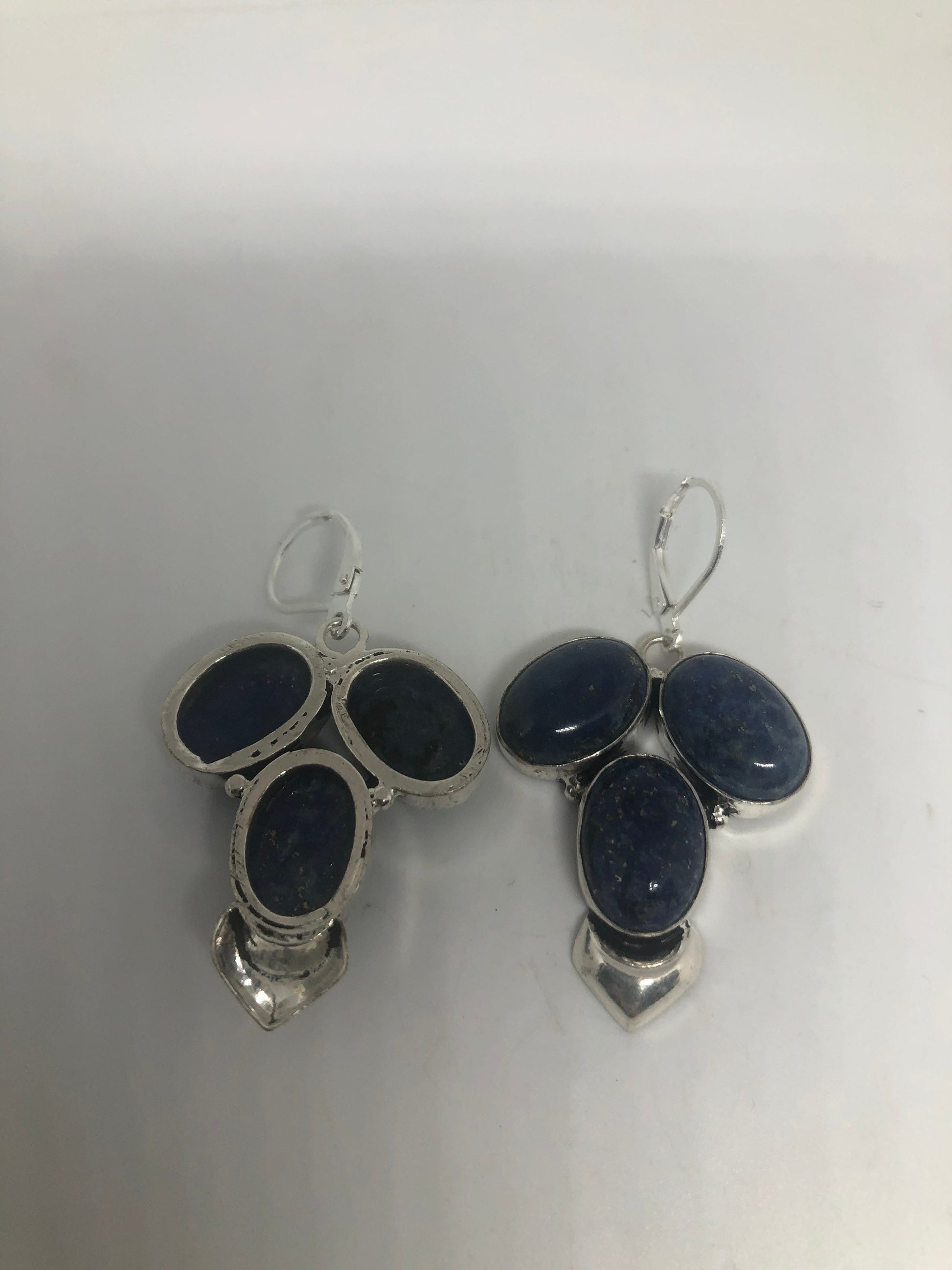 Vintage Silver Earrings | Blue Lapis Lazuli Gemstone Antique Style Silver Setting Dangle Drop Leverback Earrings