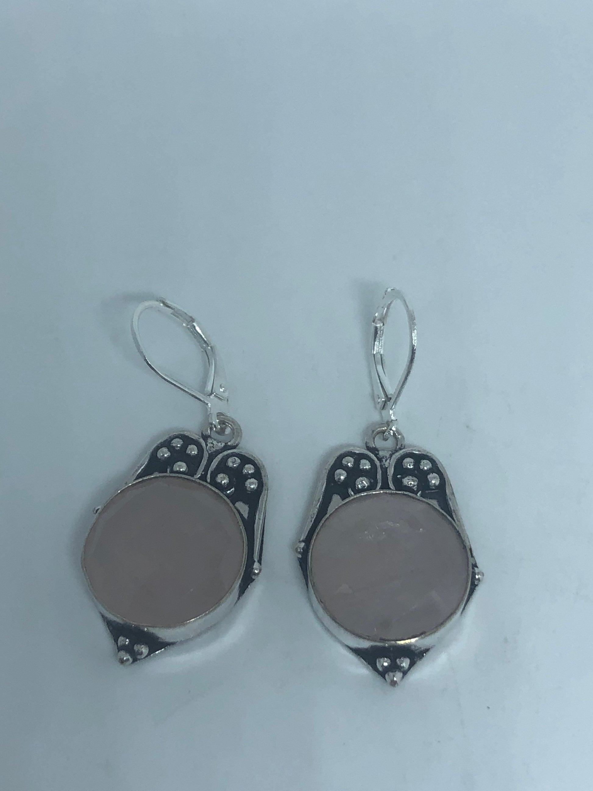 Vintage Silver Earrings | Rose Quartz Gemstone Antique Style Setting 925 Sterling Silver Leverback Dangle Drop Earrings