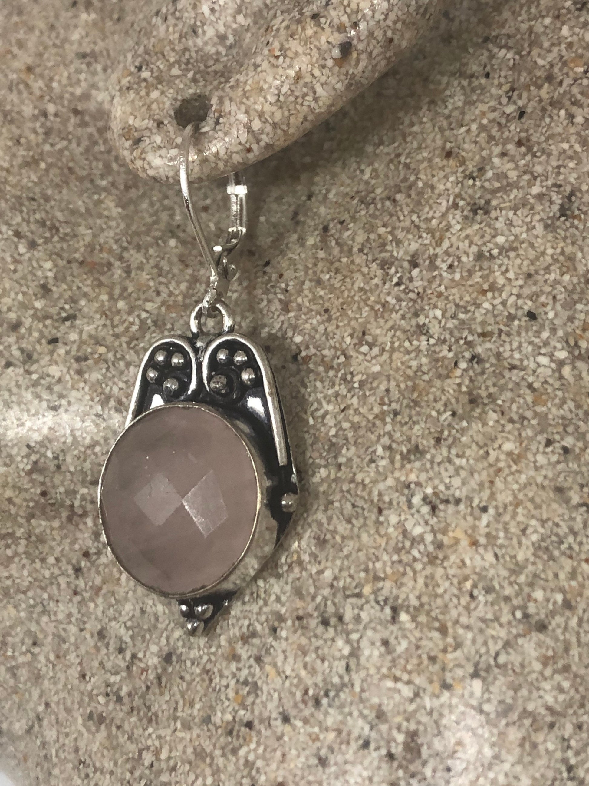 Vintage Silver Earrings | Rose Quartz Gemstone Antique Style Setting 925 Sterling Silver Leverback Dangle Drop Earrings