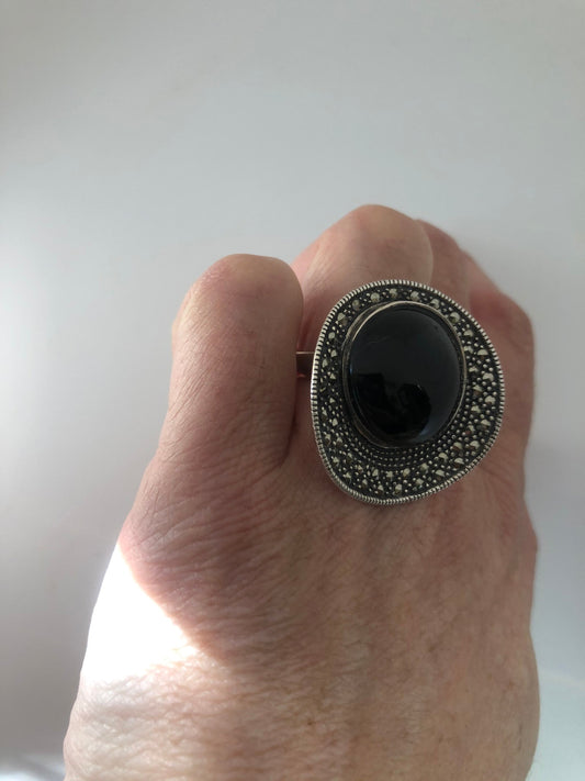 Vintage Marcasite Ring Black Onyx 925 Sterling Silver Cocktail Statement