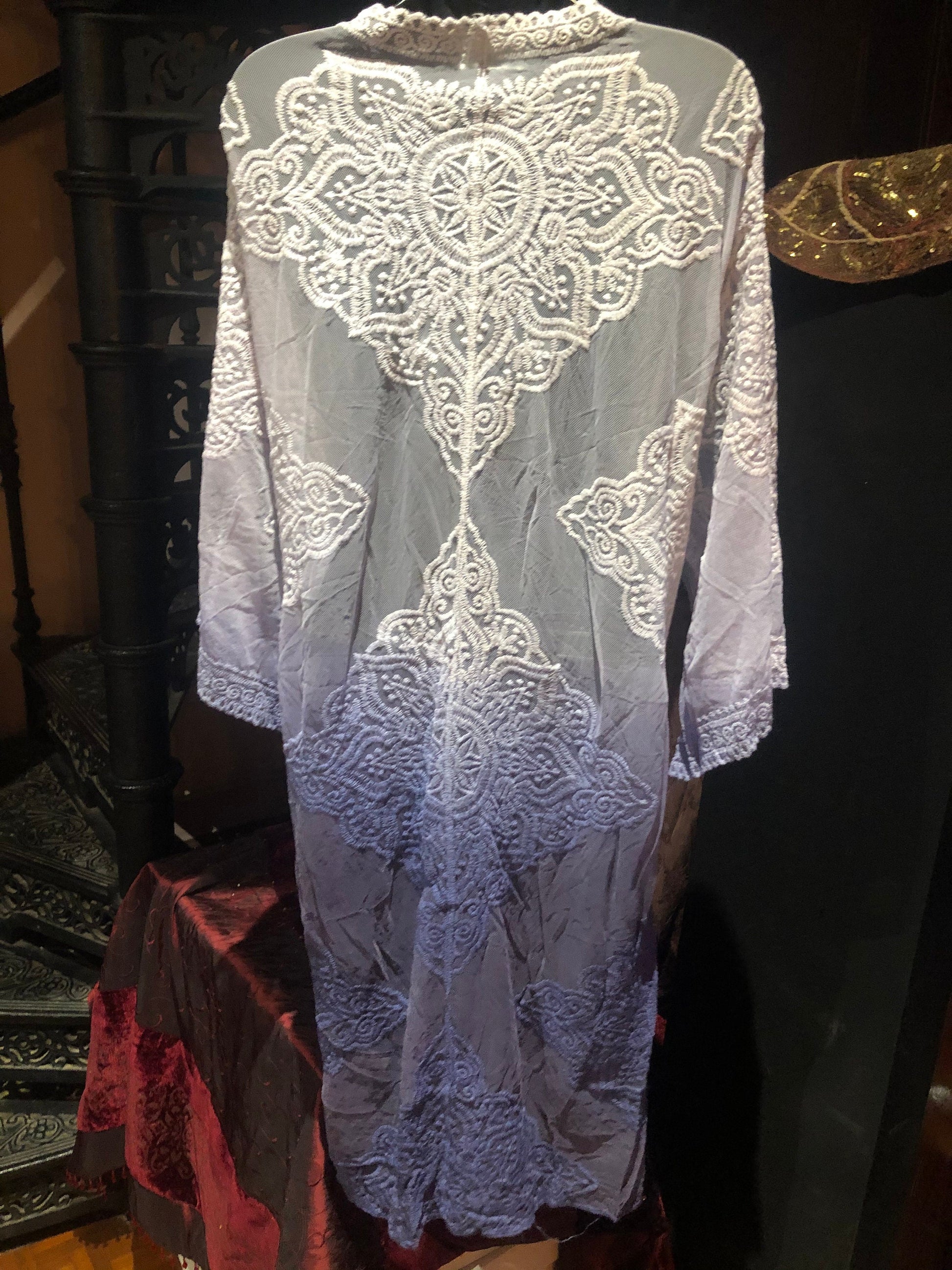 Lace Kimono Jacket Vintage Style Blue Tie Dye Embroidered wrap