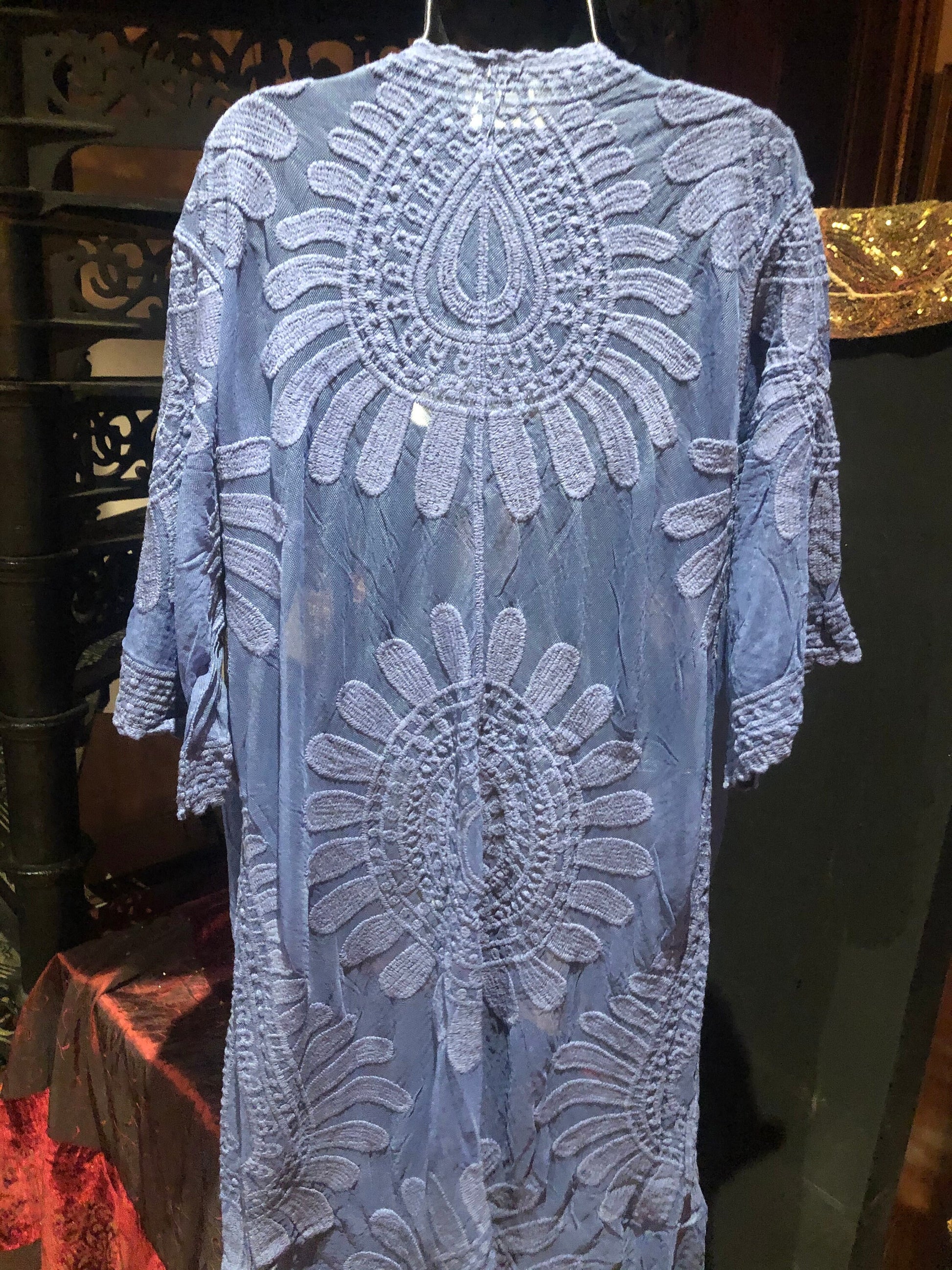 Lace Kimono Jacket Vintage Style Blue Tie Dye Embroidered wrap