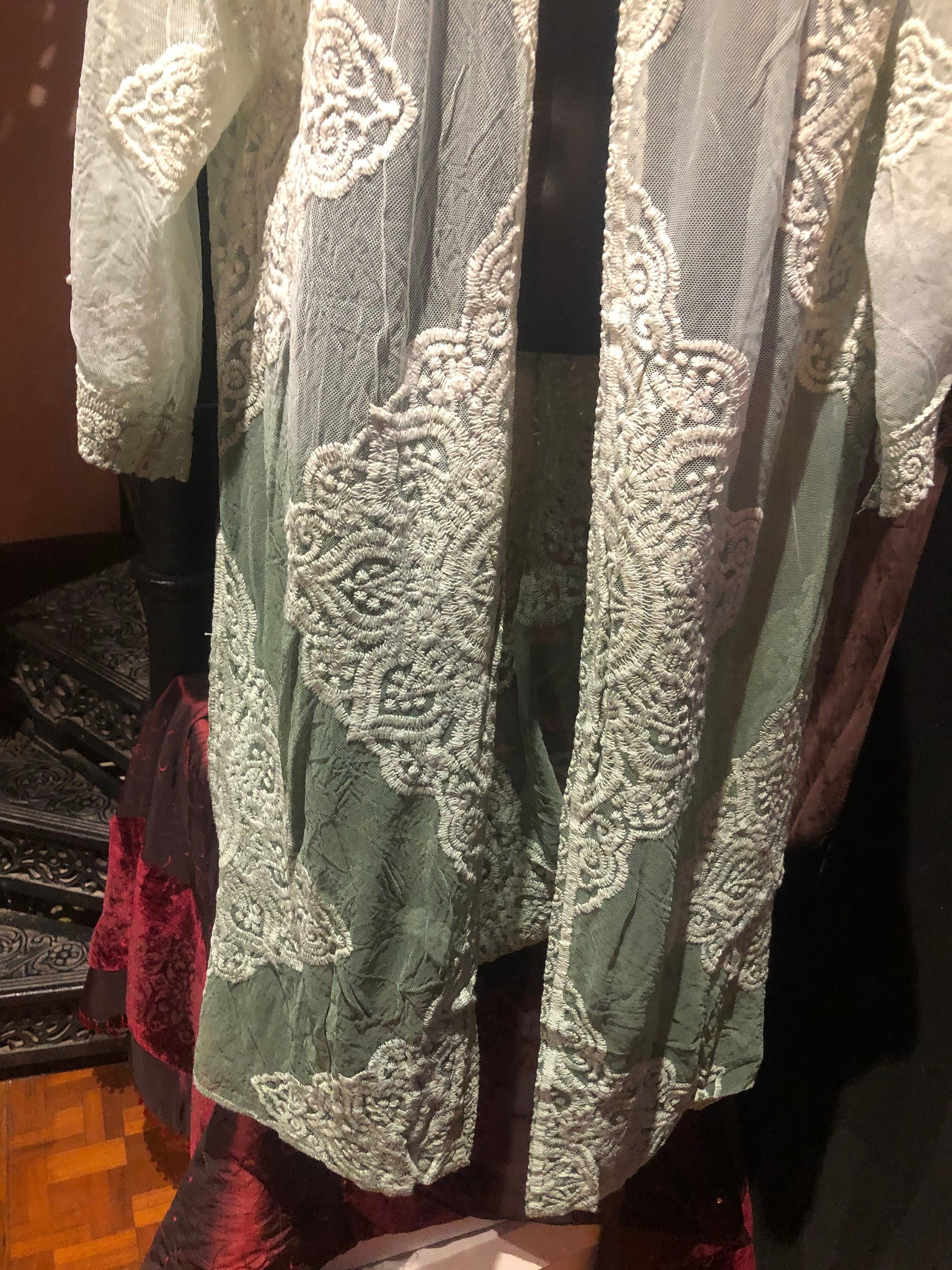 Lace Kimono Jacket Vintage Style Green Tie Dye Embroidered wrap
