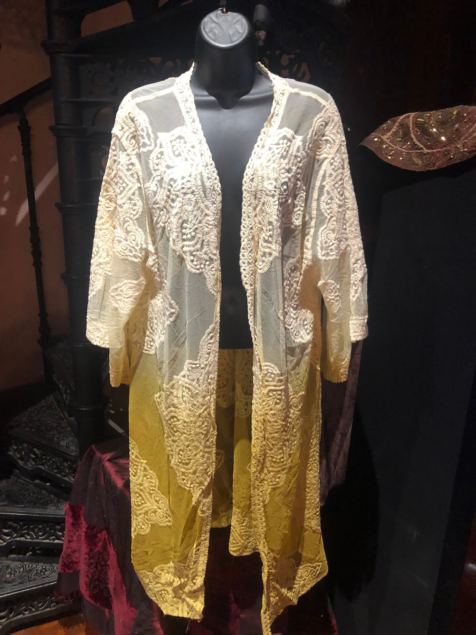Lace Kimono Jacket Vintage Style Yellow Tie Dye Embroidered wrap