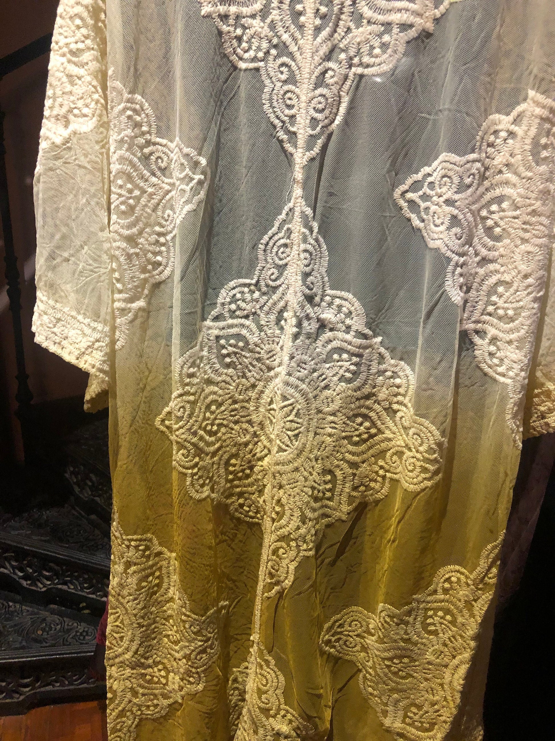 Lace Kimono Jacket Vintage Style Yellow Tie Dye Embroidered wrap