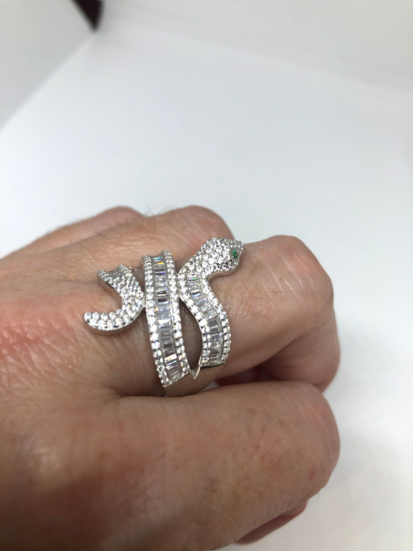 Vintage Snake Ring 925 Sterling Silver Crystal Size 9