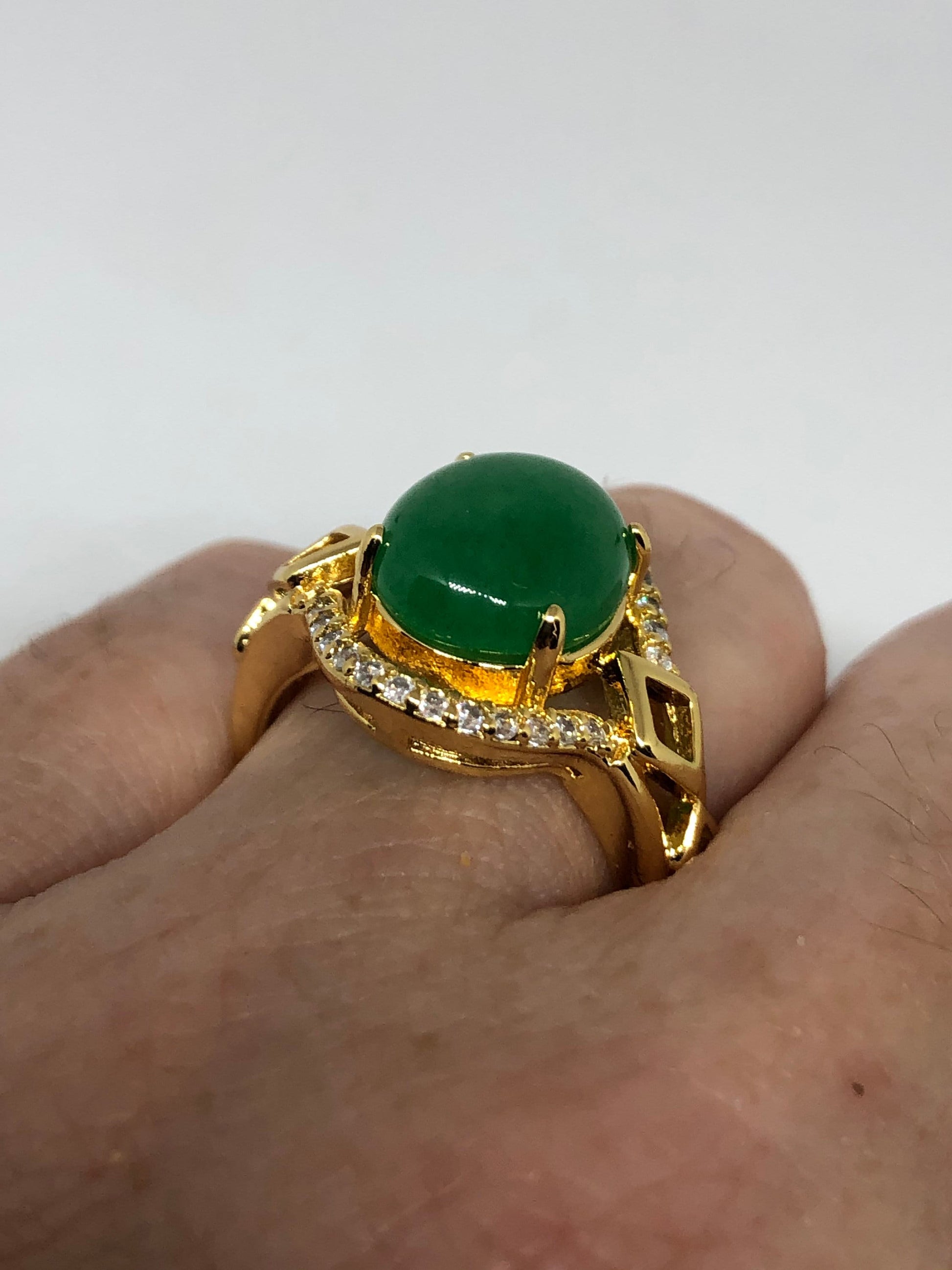 Vintage Lucky Green Nephrite Jade Golden Ring