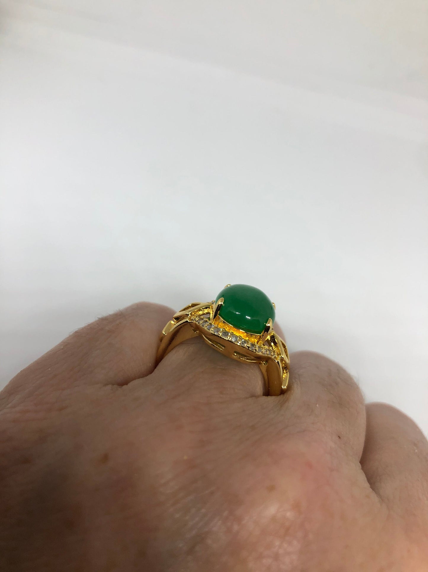 Vintage Lucky Green Nephrite Jade Golden Ring