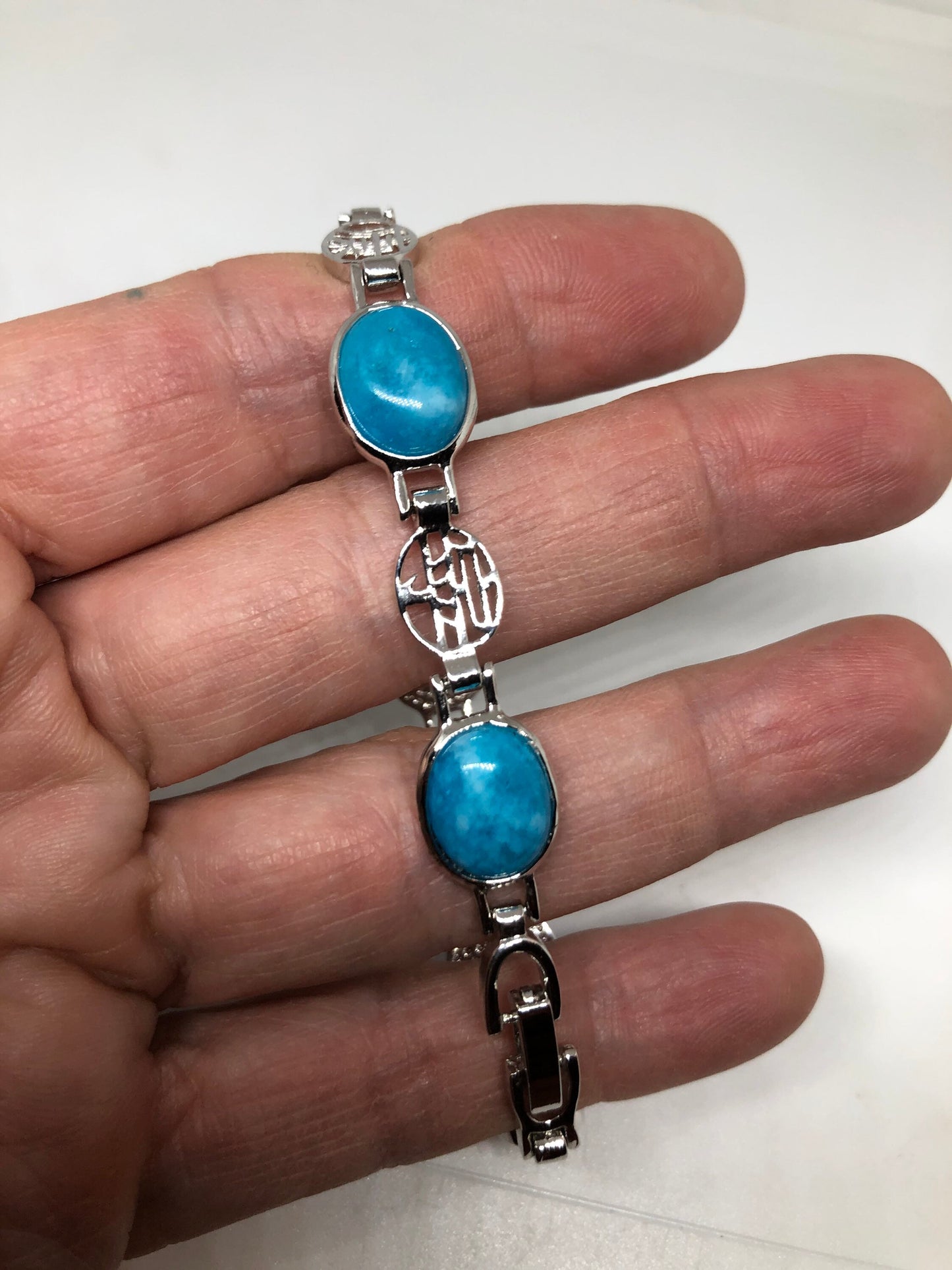 Vintage Turquoise Chalcedony Bracelet Silver Lucky Chinese Calligraphy Words