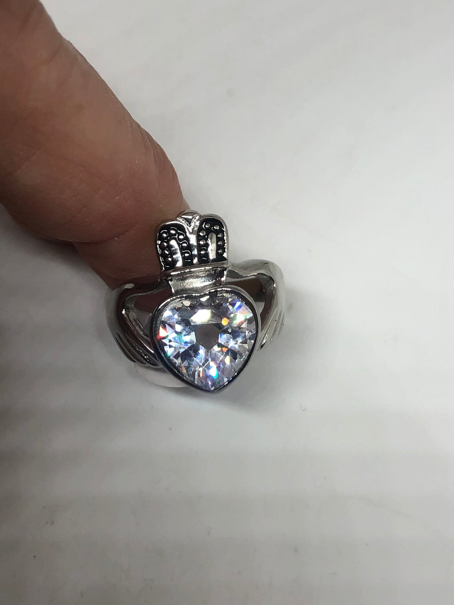 Vintage Celtic claddagh Heart Cubic Zirconia Silver Stainless Steel Band Ring