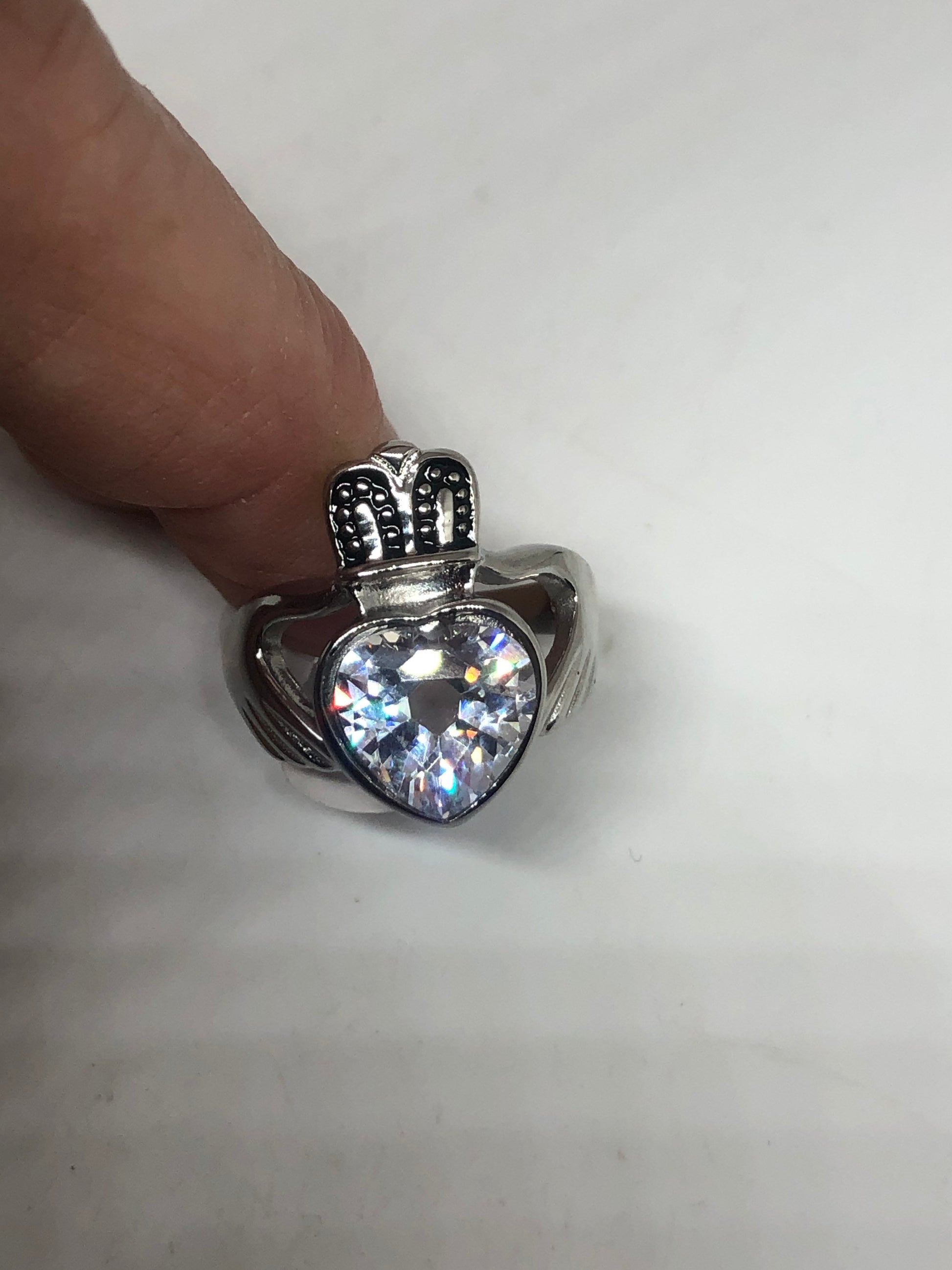 Vintage Celtic claddagh Heart Cubic Zirconia Silver Stainless Steel Band Ring