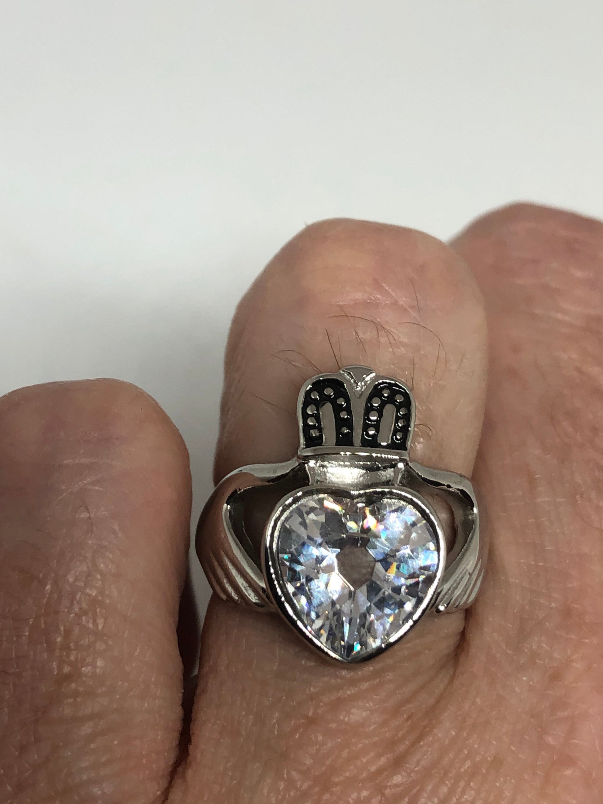 Vintage Celtic claddagh Heart Cubic Zirconia Silver Stainless Steel Band Ring