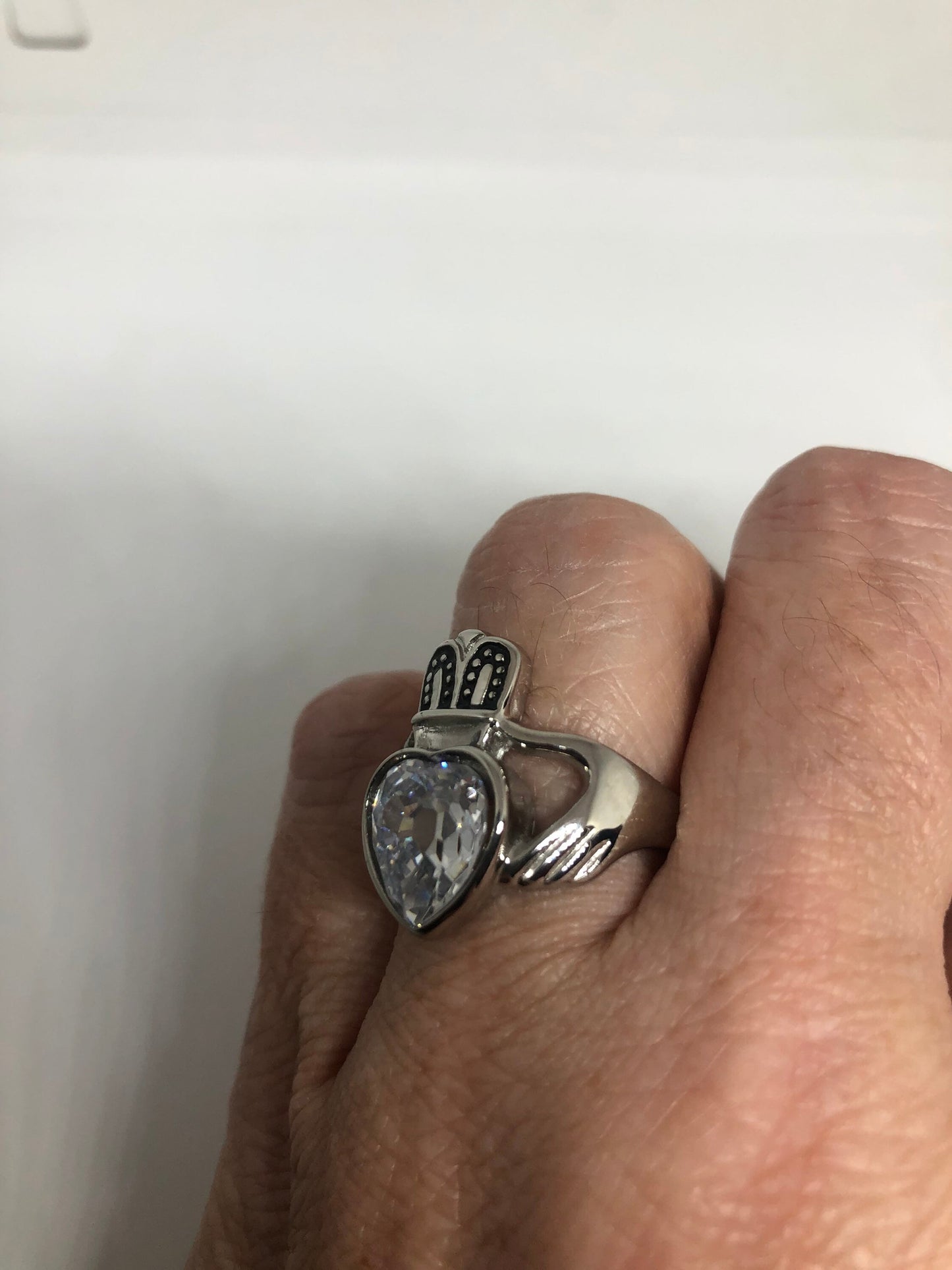 Vintage Celtic claddagh Heart Cubic Zirconia Silver Stainless Steel Band Ring