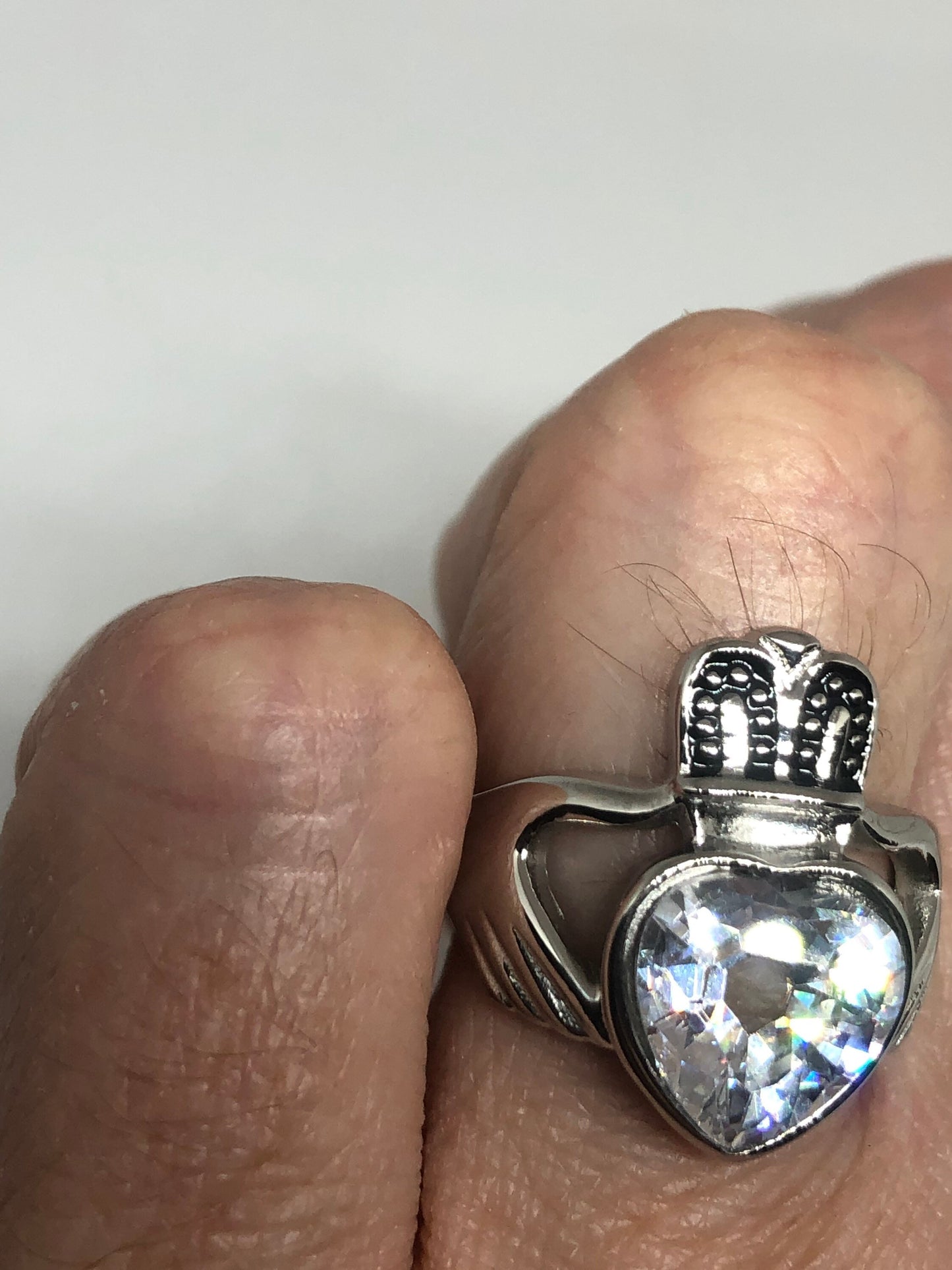 Vintage Celtic claddagh Heart Cubic Zirconia Silver Stainless Steel Band Ring