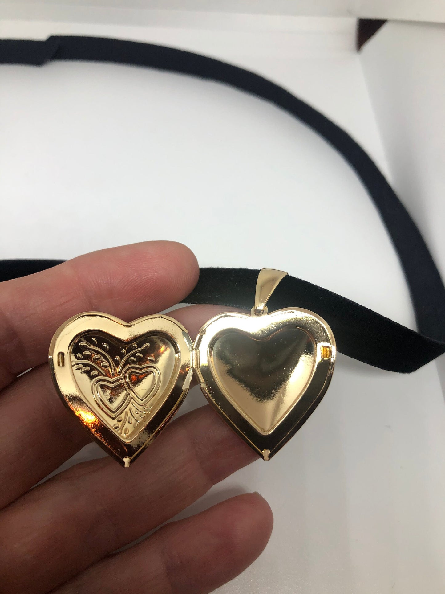 Vintage Gold Locket | Tiny Heart 9k Gold Filled Pendant Photo Memory Charm Engraved Two Hearts | Choker Necklace