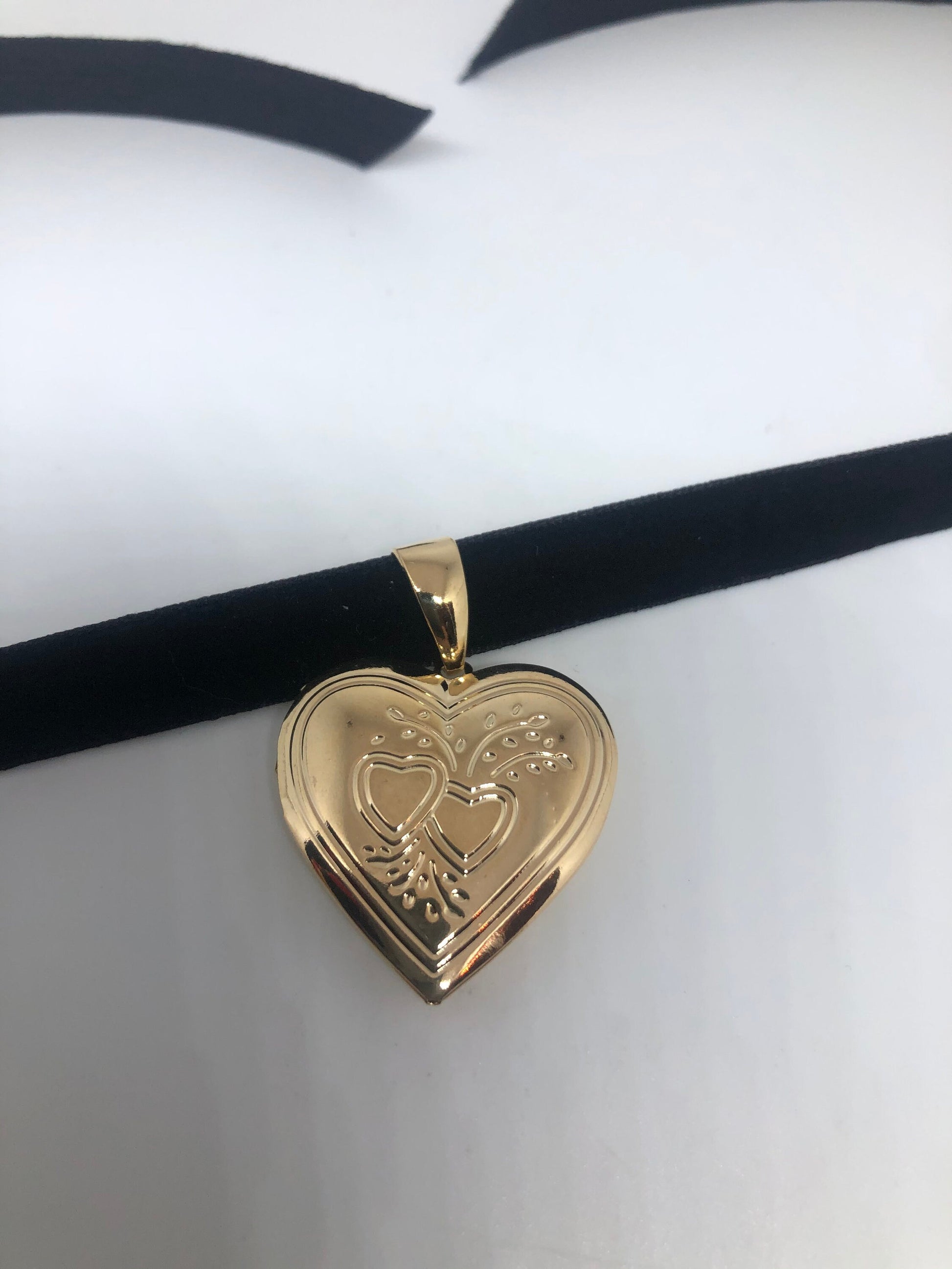 Vintage Gold Locket | Tiny Heart 9k Gold Filled Pendant Photo Memory Charm Engraved Two Hearts | Choker Necklace