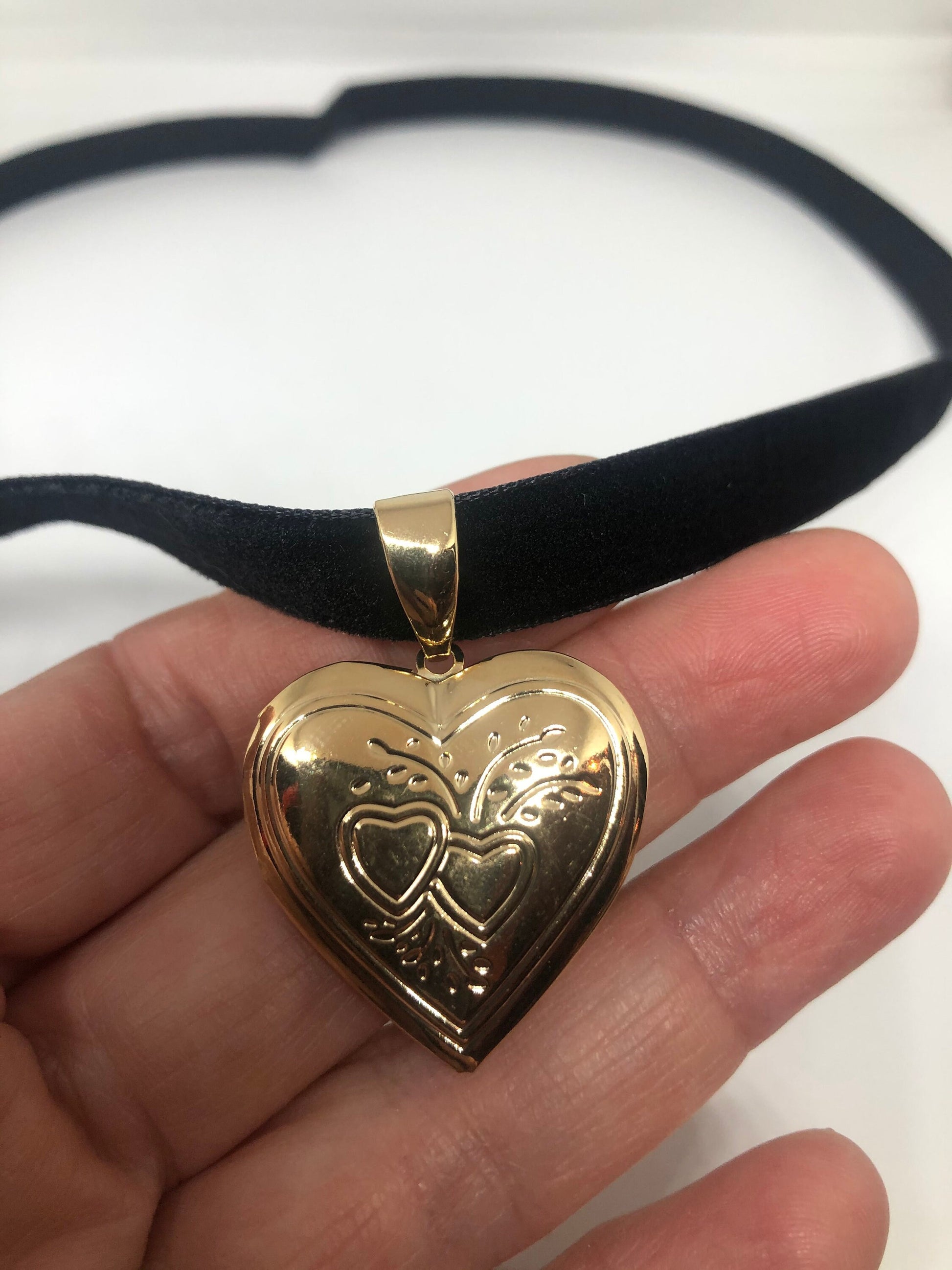 Vintage Gold Locket | Tiny Heart 9k Gold Filled Pendant Photo Memory Charm Engraved Two Hearts | Choker Necklace