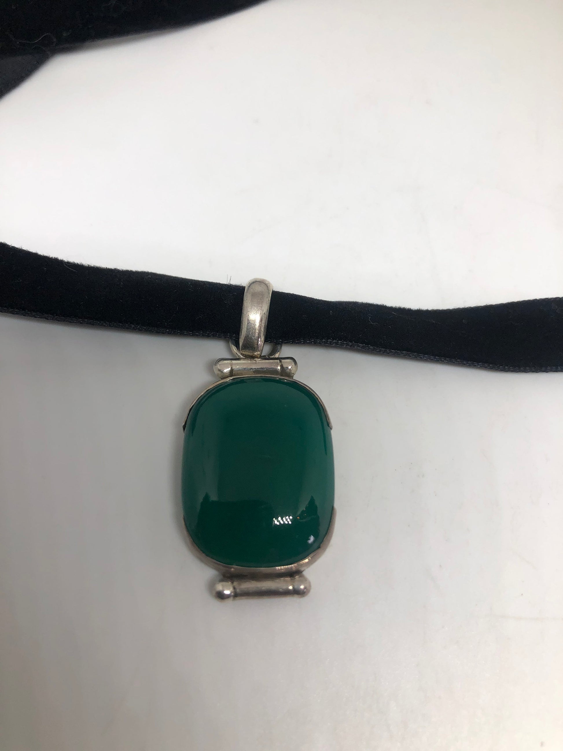 Vintage Green Onyx Choker 925 Sterling Silver Necklace