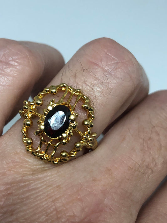 Vintage Red Bohemian Garnet Ring Golden 925 Sterling Silver Cocktail Statement