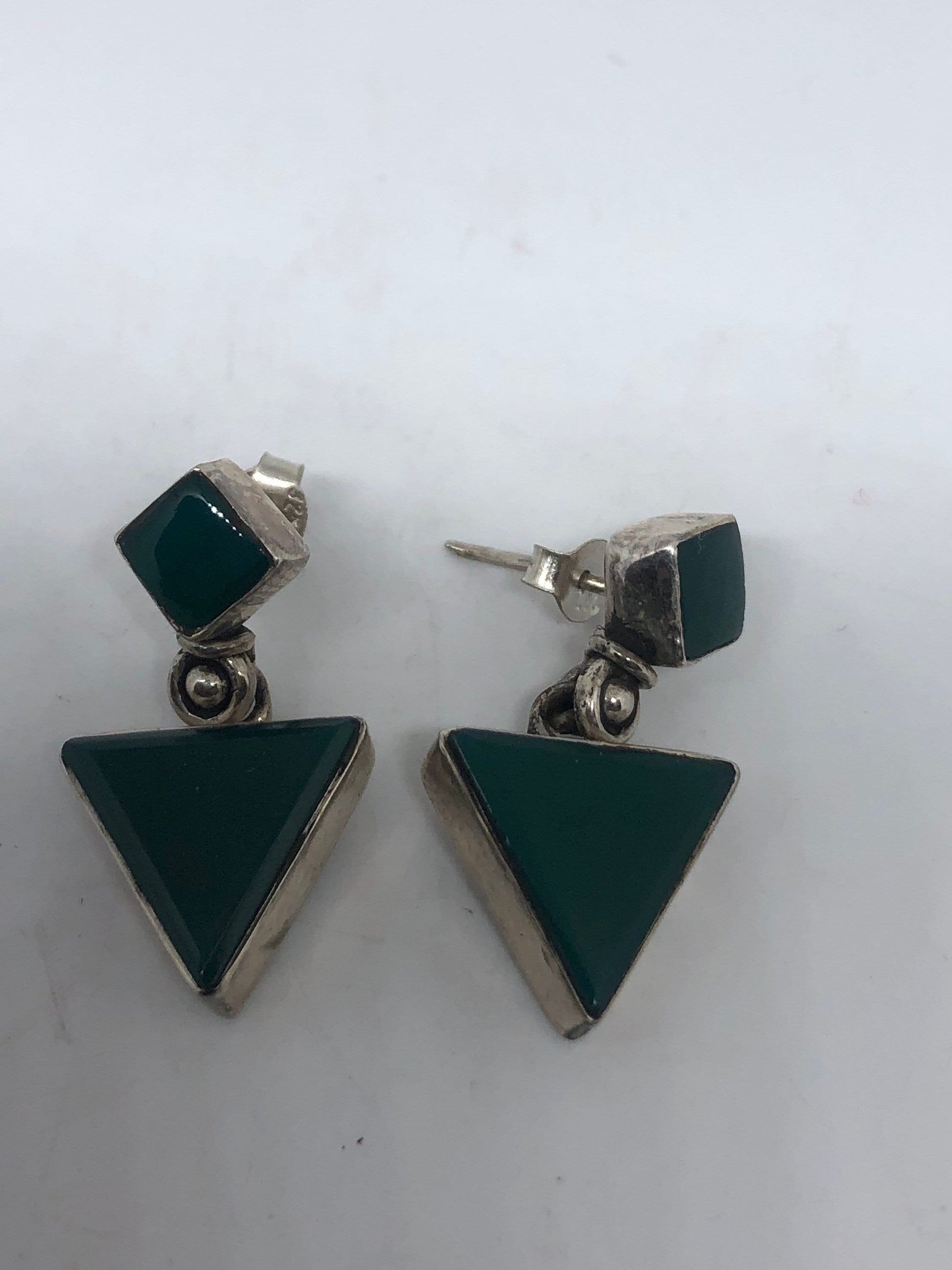 Vintage Green Onyx Earring 925 Sterling Silver Deco Dangle Chandelier