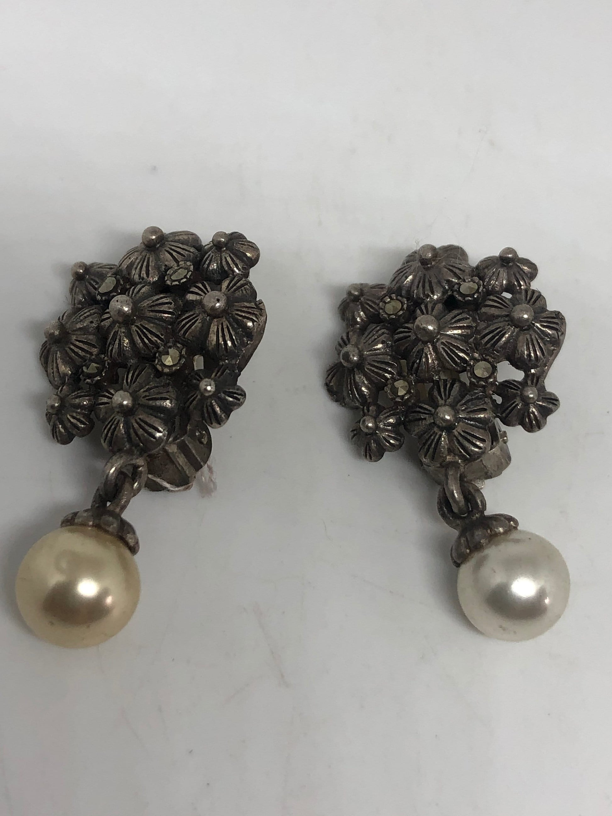 Antique Vintage Pearl 925 Sterling Silver Clip On Button Earrings