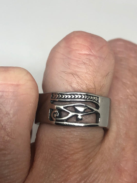 Vintage Silver Stainless Steel Egyptian Ankh Horus Eye Mens Ring